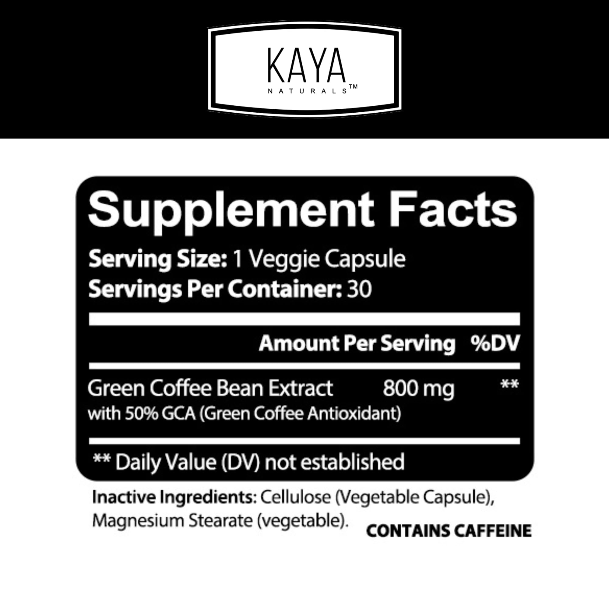 Kaya Naturals Green Coffee Bean Extract 51g capsule bottle side view