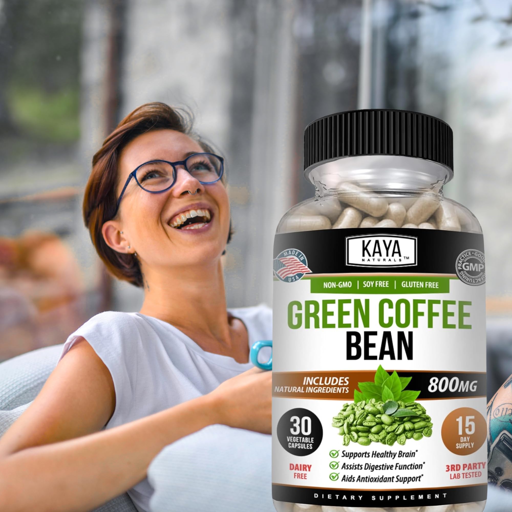 Kaya Naturals Green Coffee Bean Extract 51g capsule bottle with natural background