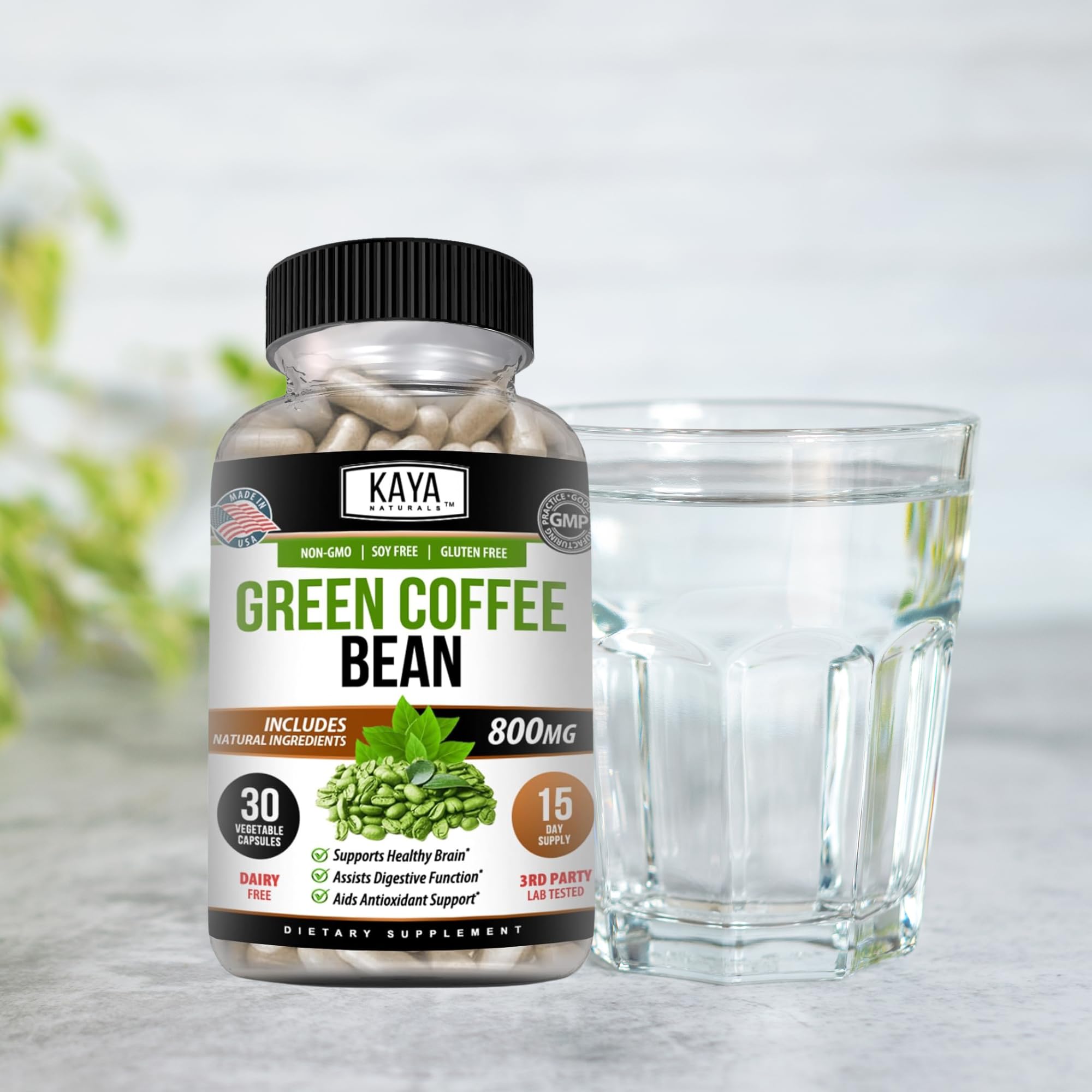 Kaya Naturals Green Coffee Bean Extract bottle with nutrition label
