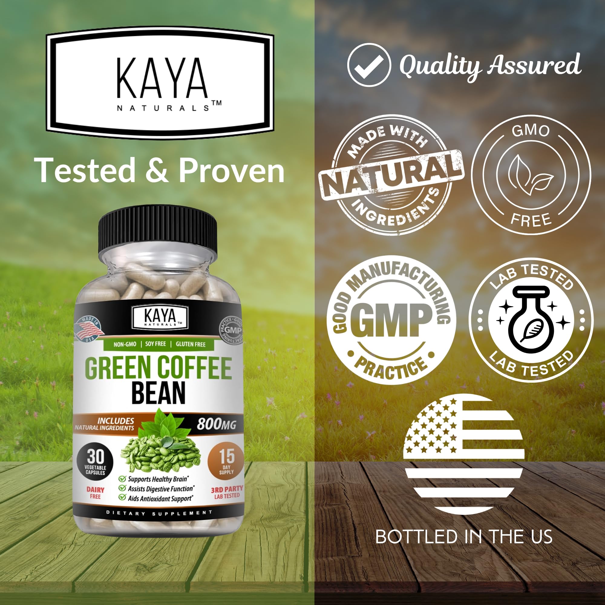 Kaya Naturals Green Coffee Bean Extract capsule bottle with a measuring spoon
