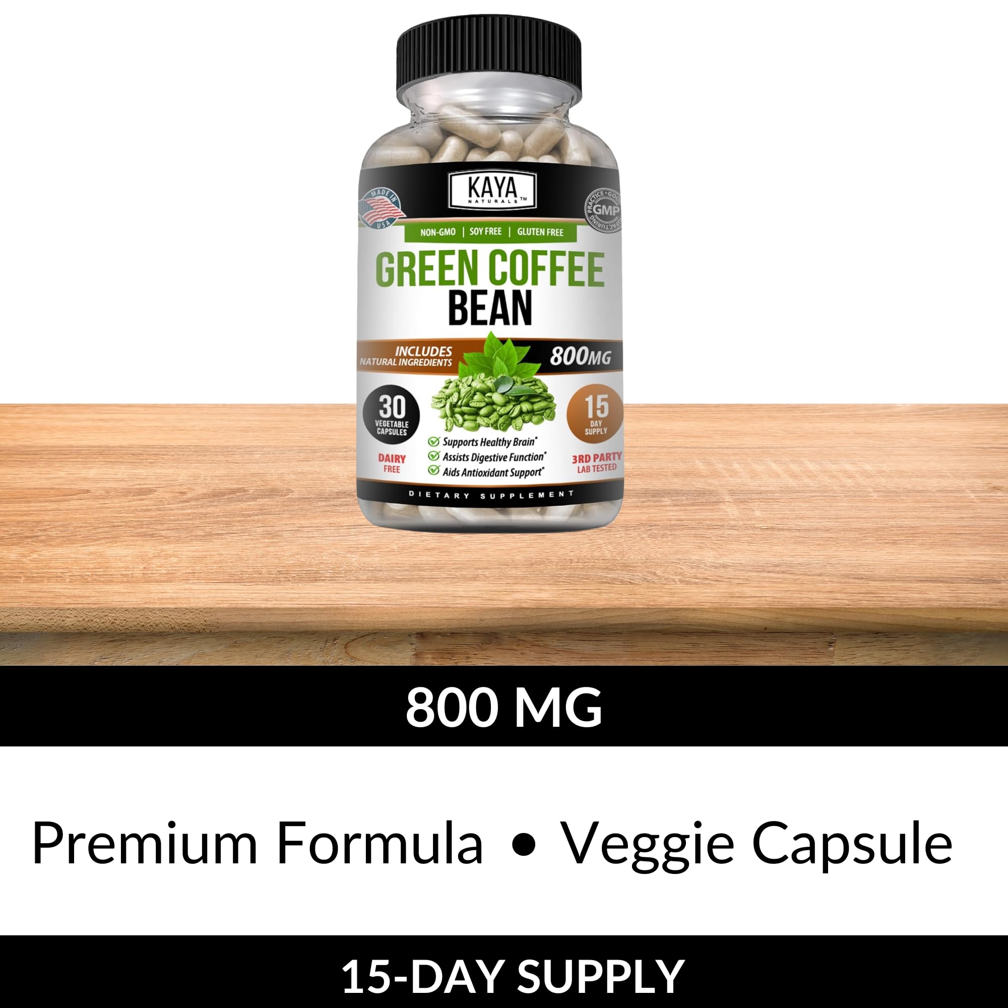 Kaya Naturals Green Coffee Bean Extract capsules displayed with green coffee beans