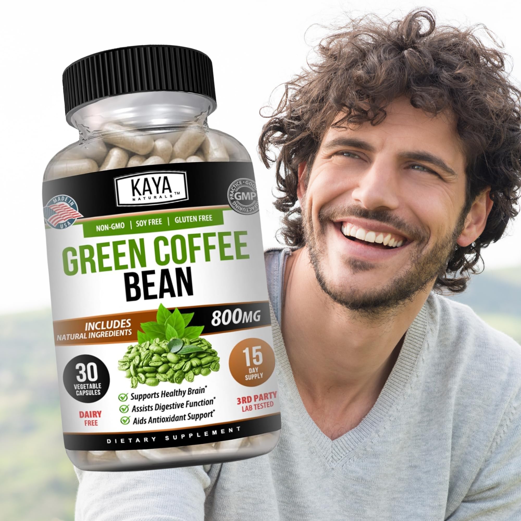 Kaya Naturals Green Coffee Bean Extract capsules in a hand