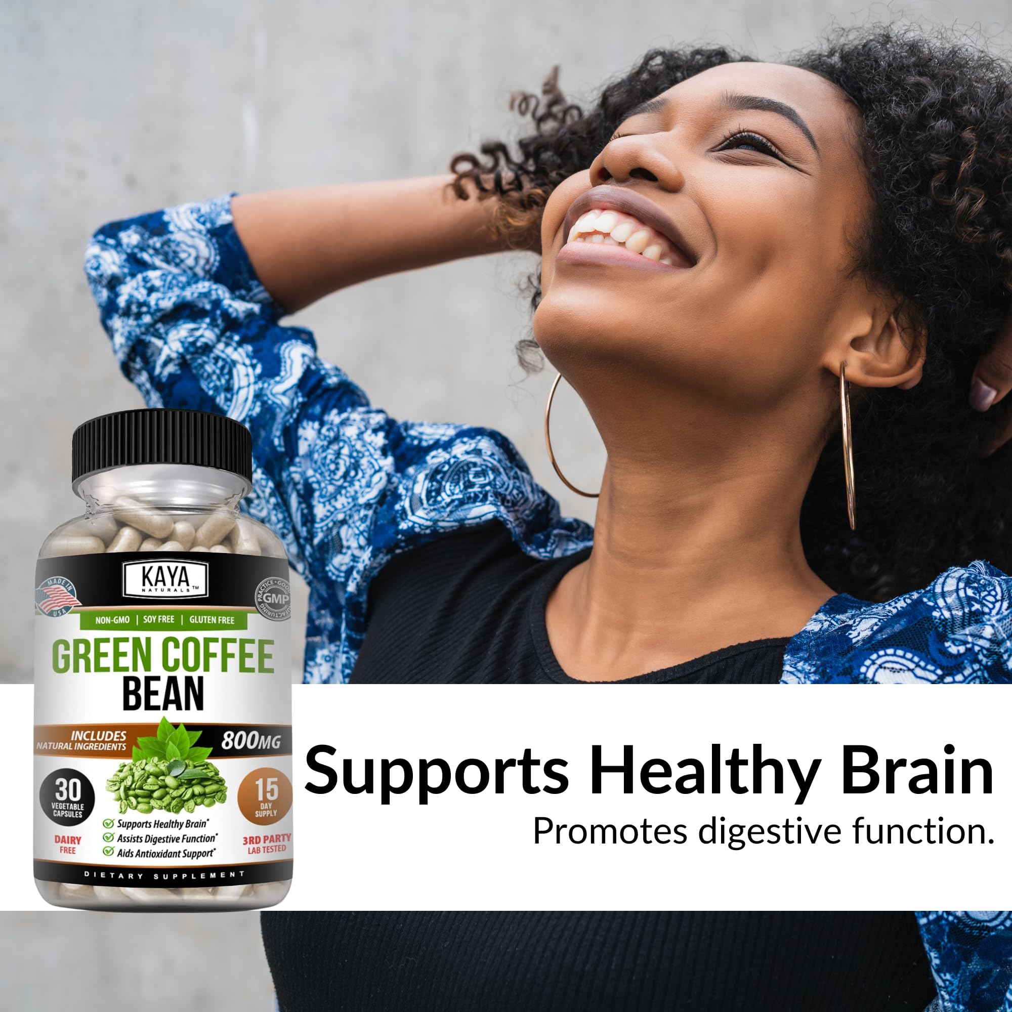 Kaya Naturals Green Coffee Bean Extract capsules on a wooden surface