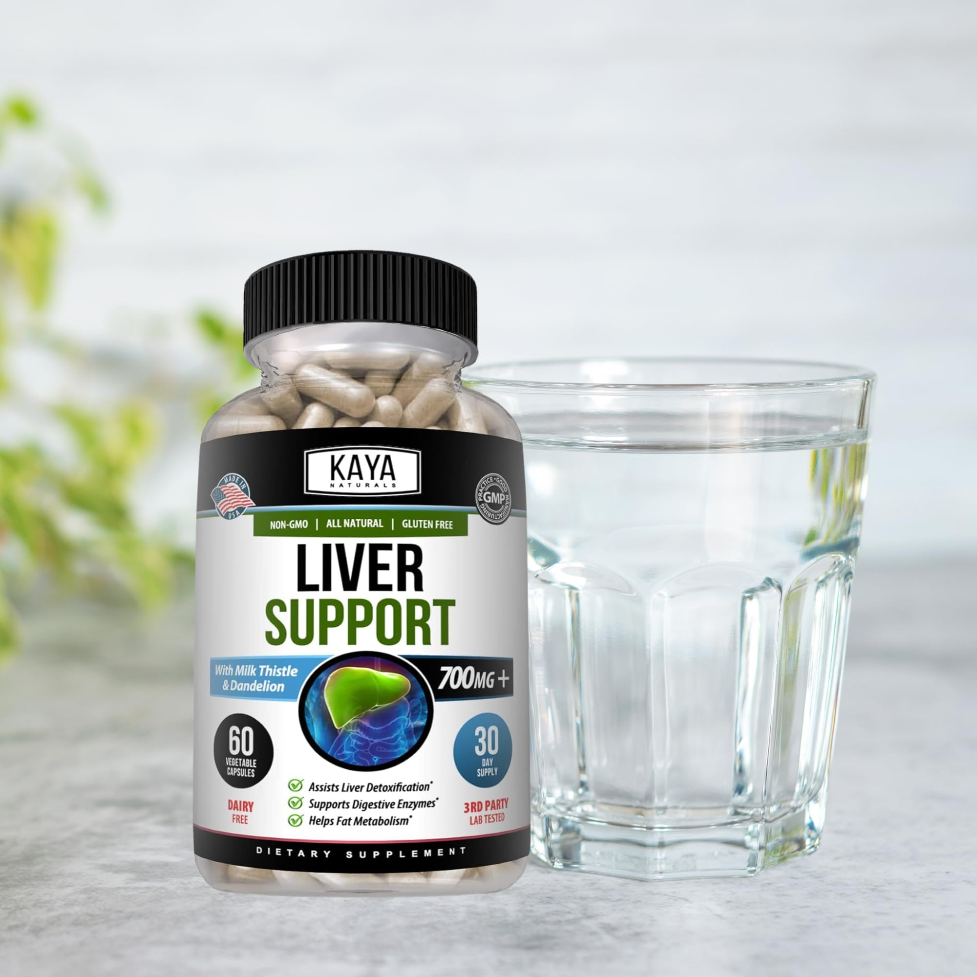 Kaya Naturals Liver Support Supplement 60 Capsules on a kitchen counter