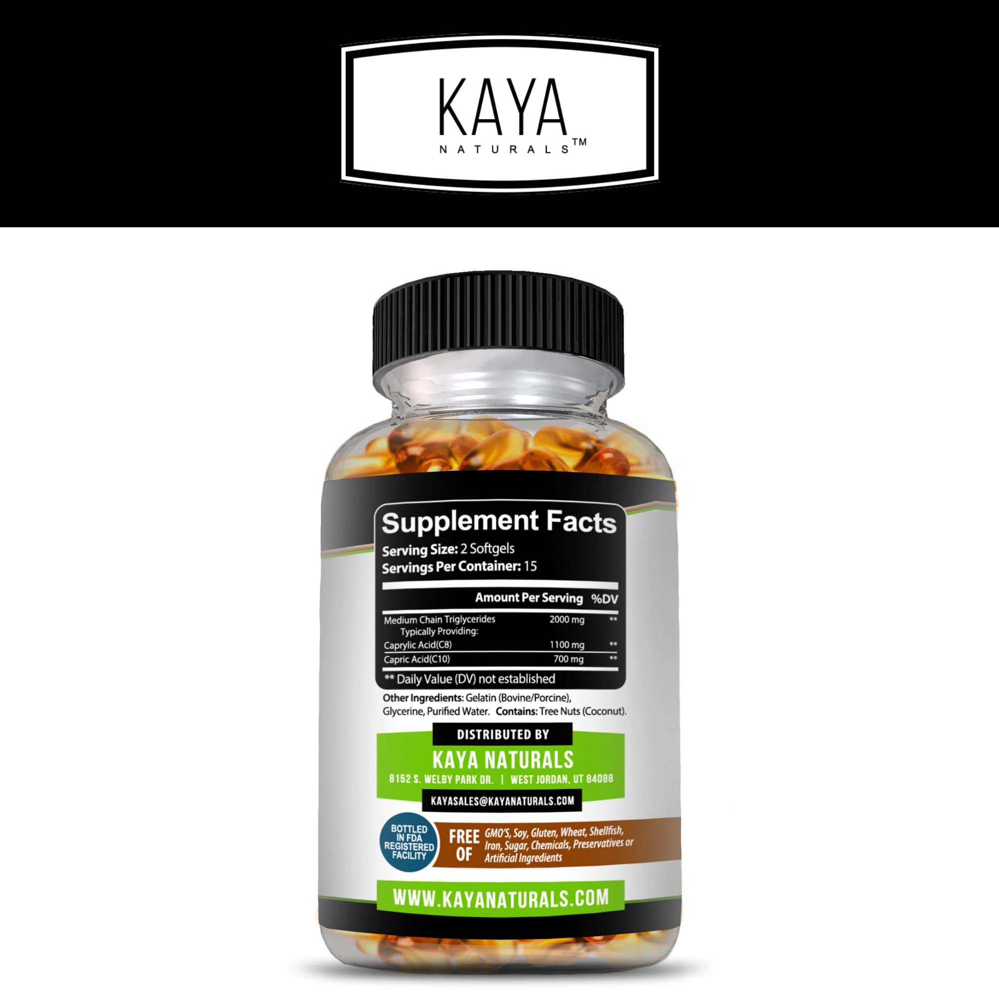 Kaya Naturals MCT Oil Softgels 2000mg back view