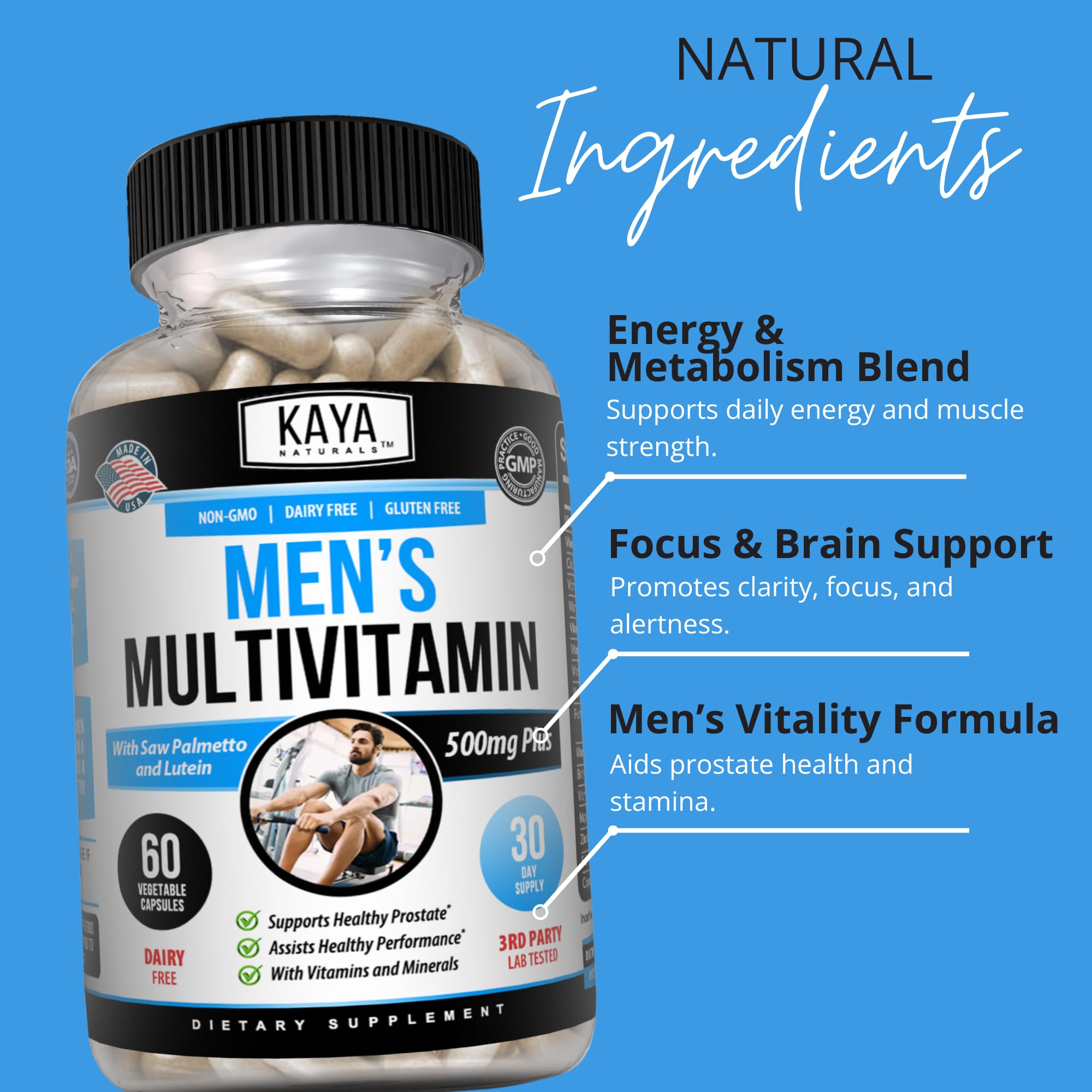 Kaya Naturals Men's Multivitamin with a glass of water