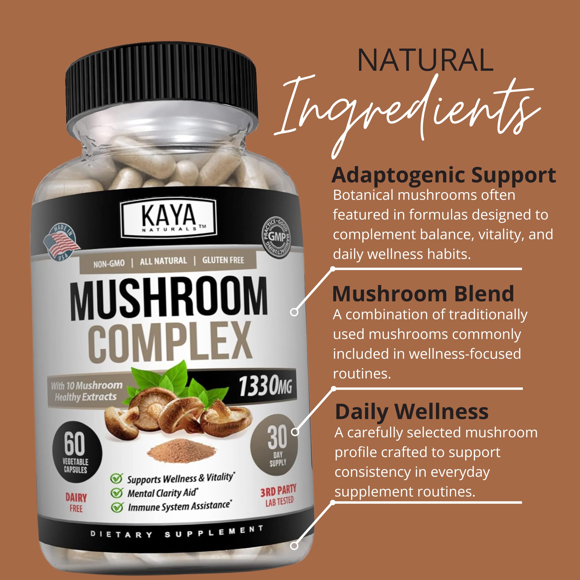 Kaya Naturals Mushroom Complex 10 Strains supplement packaging