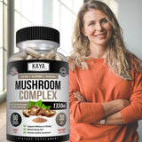 Kaya Naturals Mushroom Complex 10 Strains supplement with a glass of water