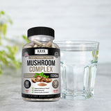 Kaya Naturals Mushroom Complex 10 Strains supplement with fresh mushrooms