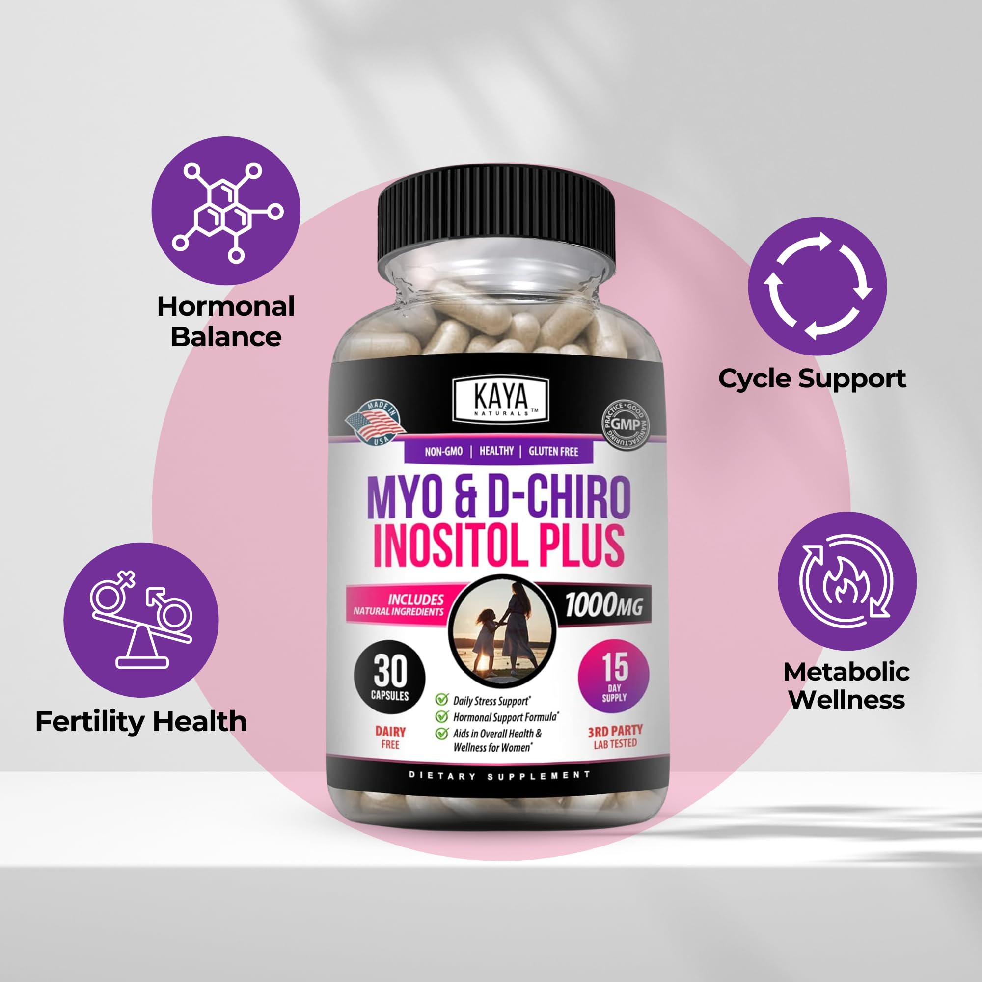 Kaya Naturals Myo-Inositol + D-Chiro Inositol Capsules back view with ingredient list