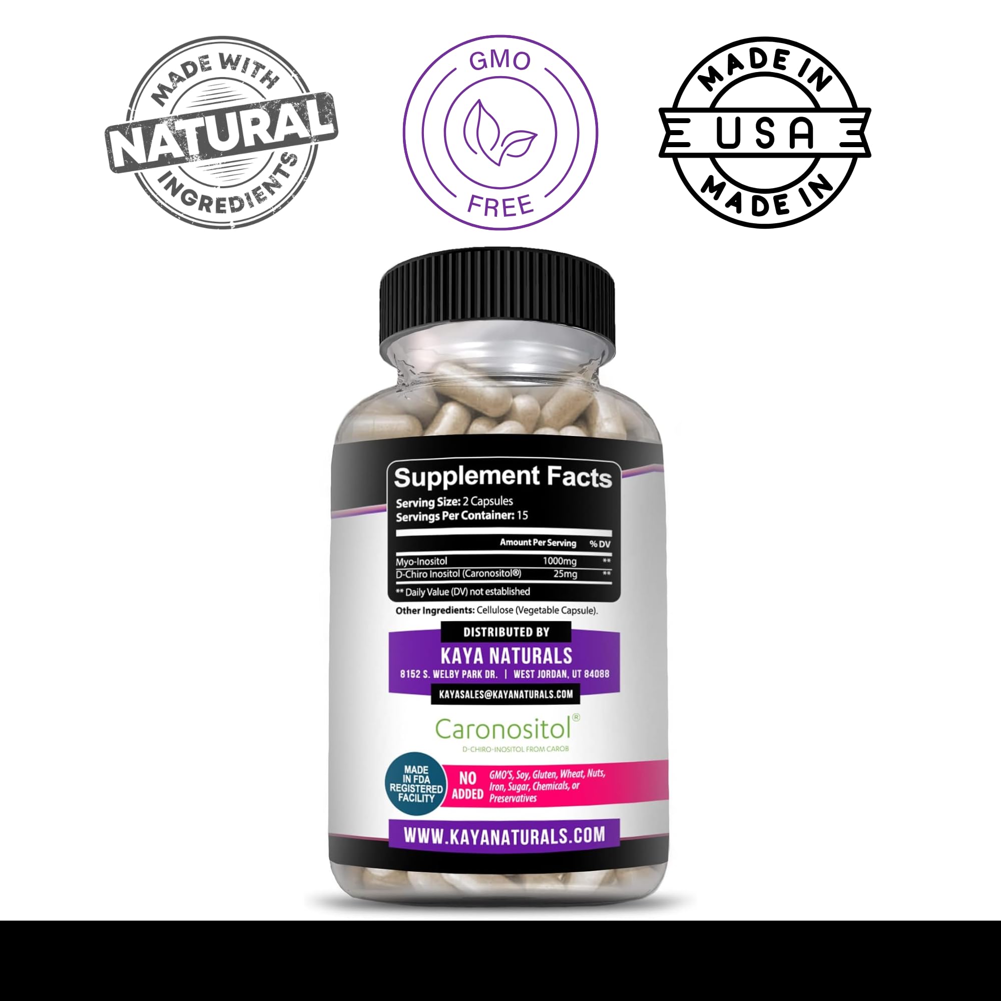 Kaya Naturals Myo-Inositol + D-Chiro Inositol Capsules easy-to-swallow capsules
