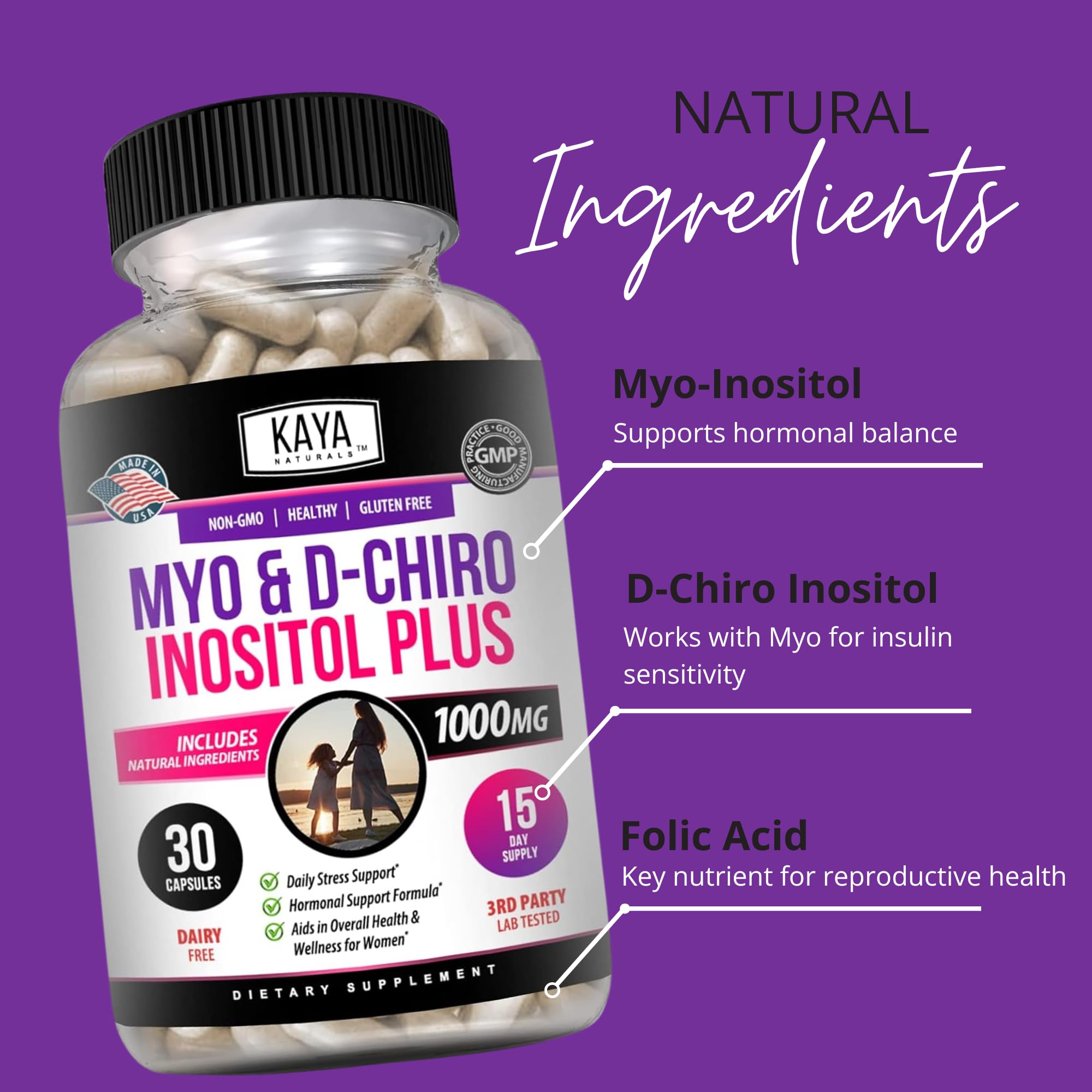 Kaya Naturals Myo-Inositol + D-Chiro Inositol Capsules on a wooden table