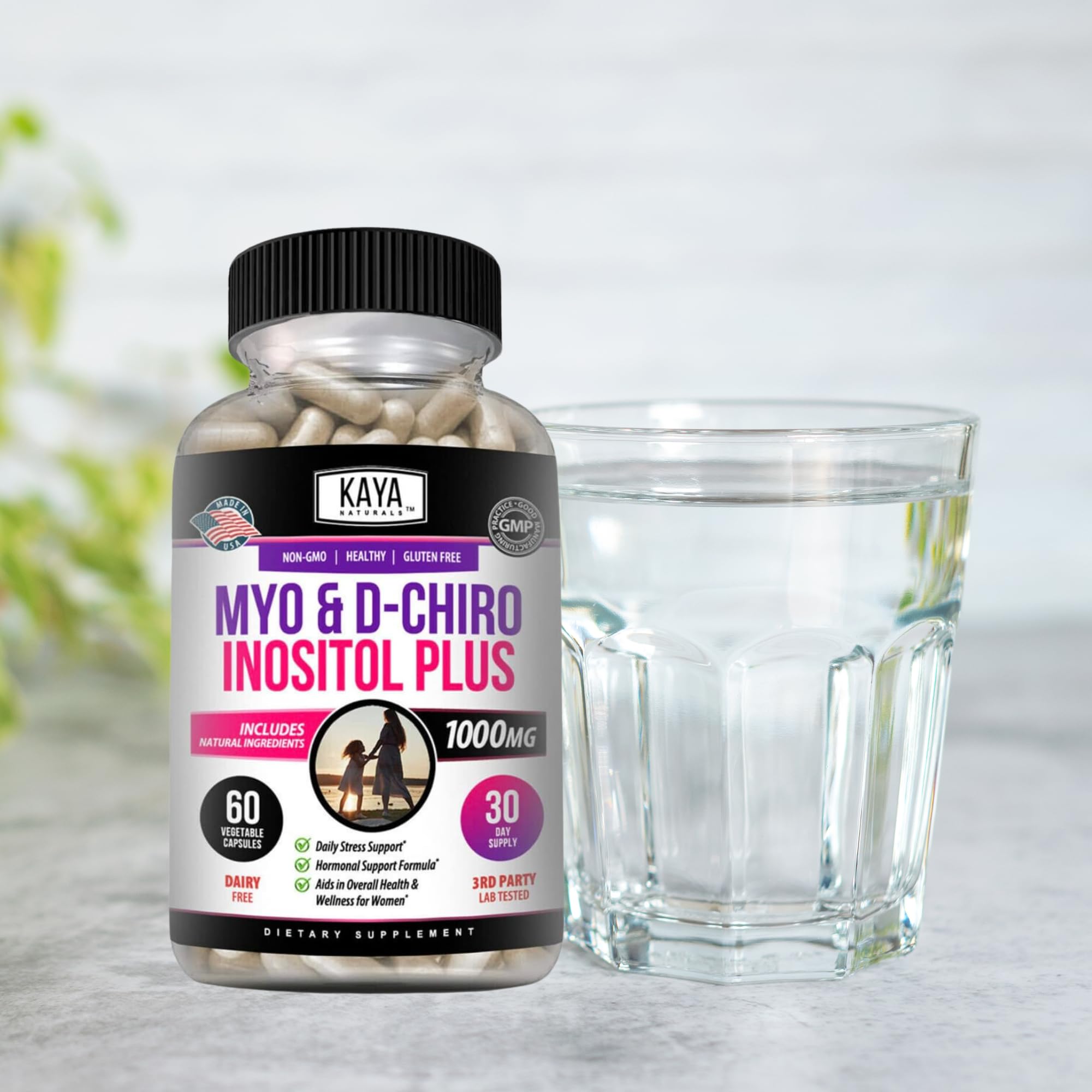 Kaya Naturals Myo-Inositol + D-Chiro Inositol Capsules on a wooden table
