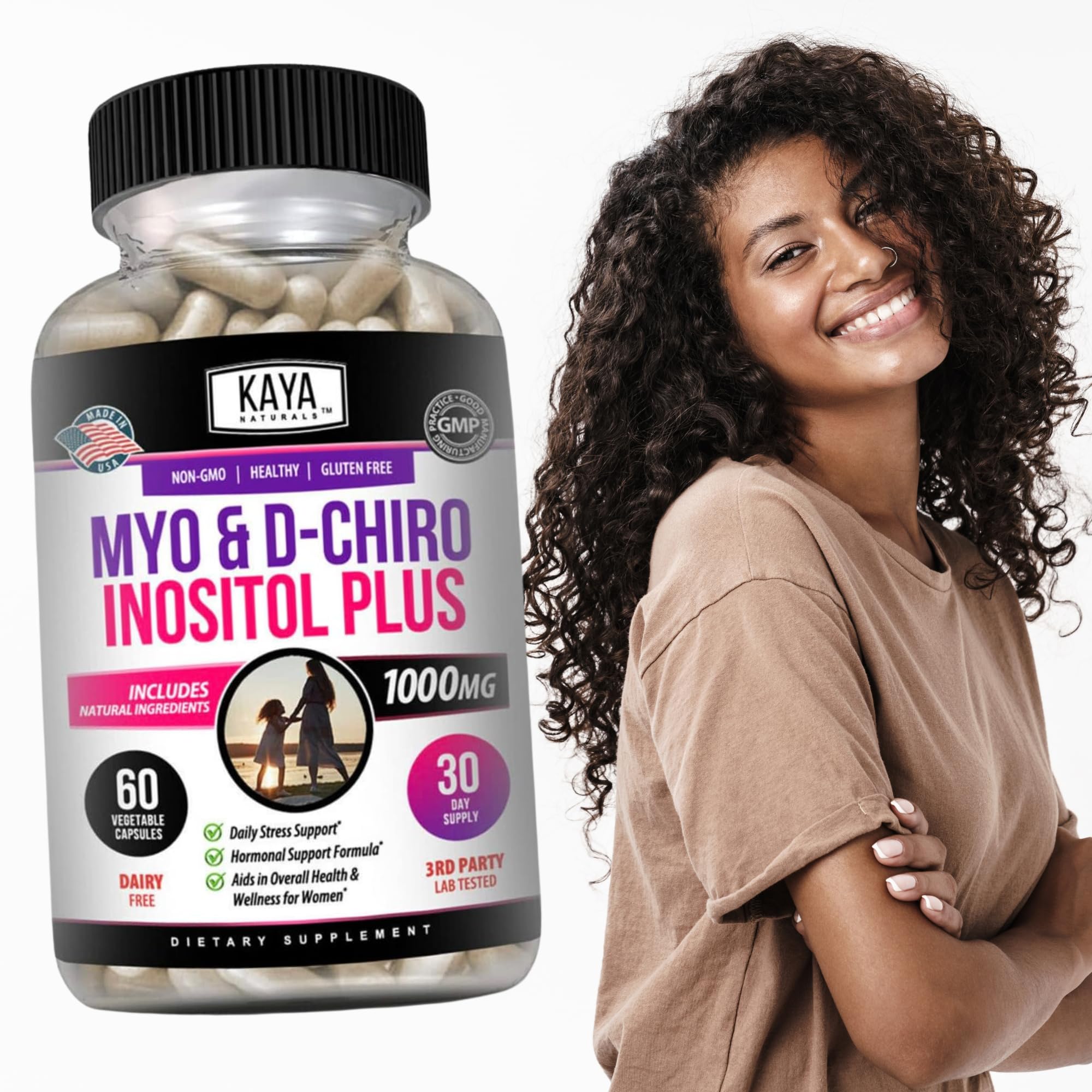 Kaya Naturals Myo-Inositol + D-Chiro Inositol Capsules with a glass of water