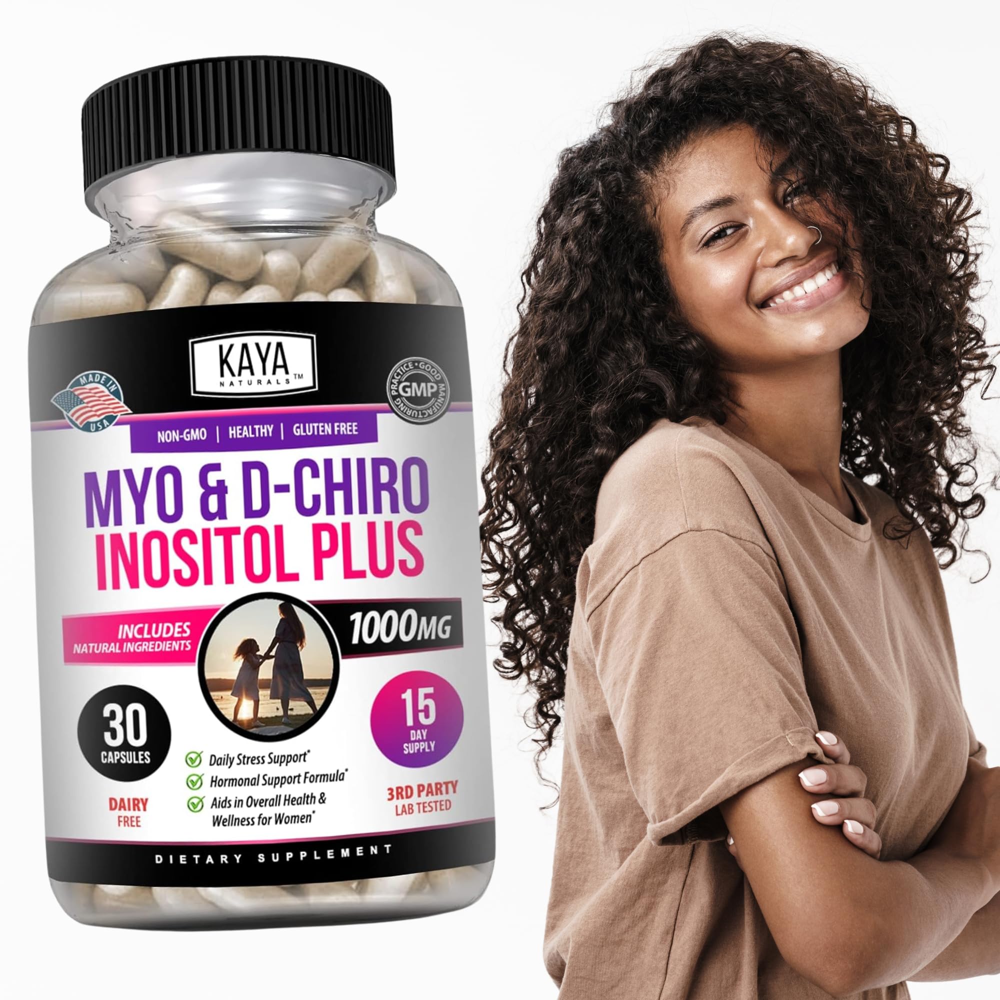 Kaya Naturals Myo-Inositol + D-Chiro Inositol Capsules with a glass of water