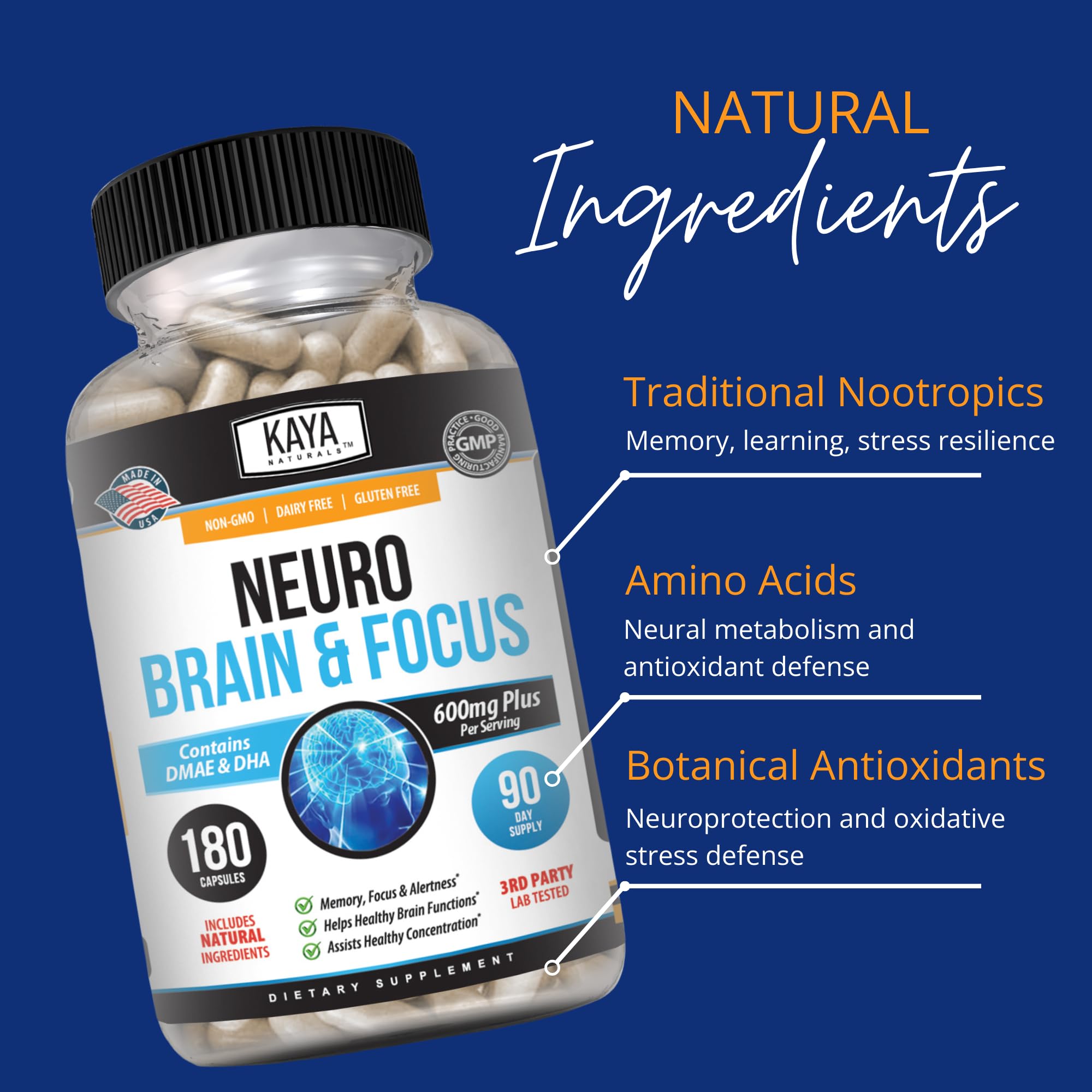 Kaya Naturals Neuro Brain & Focus supplement bottle with two capsules