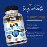 Kaya Naturals Neuro Brain & Focus supplement bottle with two capsules