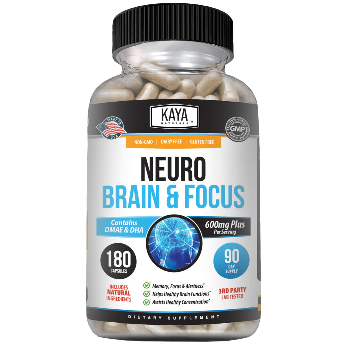 Kaya Naturals Neuro Brain & Focus supplement front view with 30 capsules