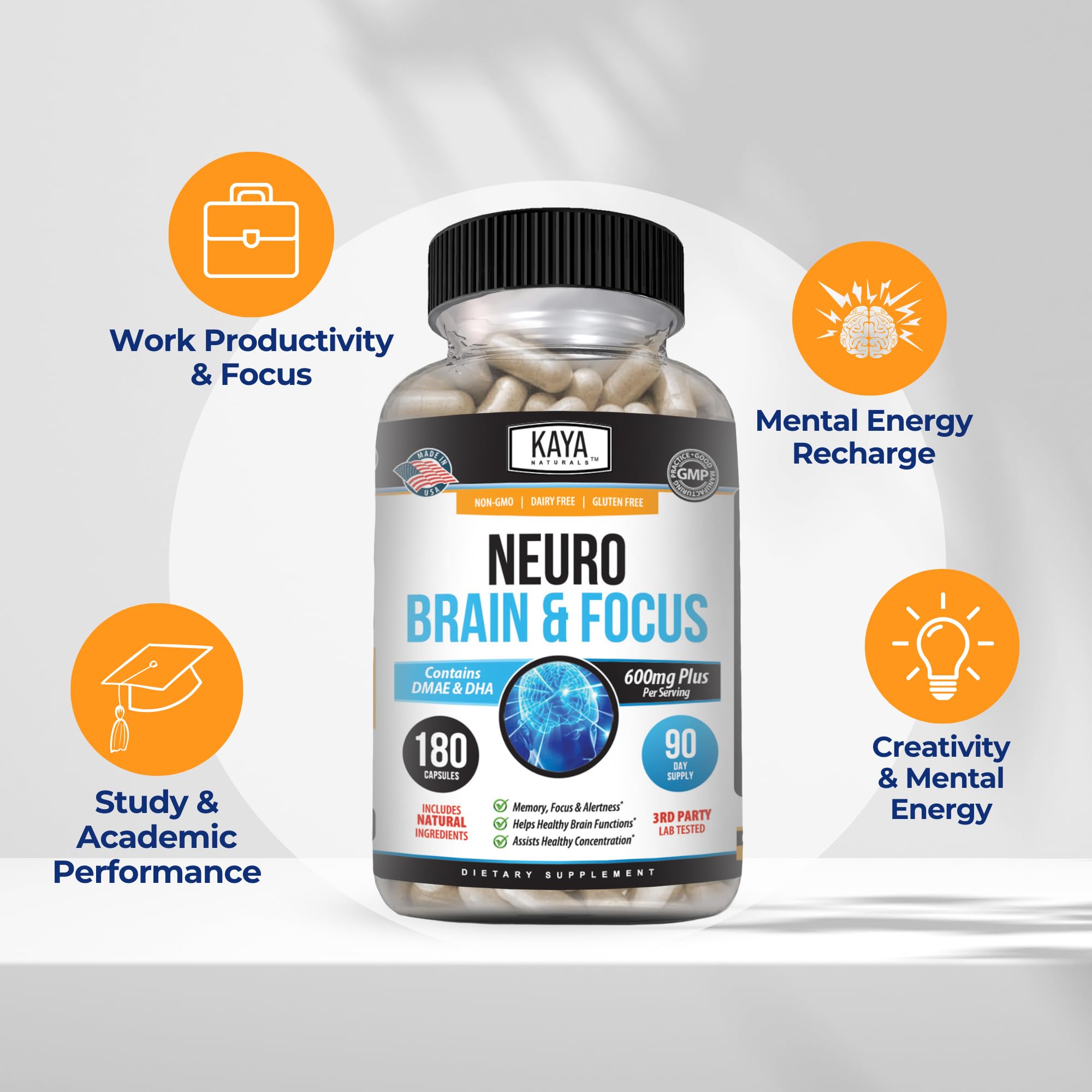Kaya Naturals Neuro Brain & Focus supplement lifestyle scene on a desk