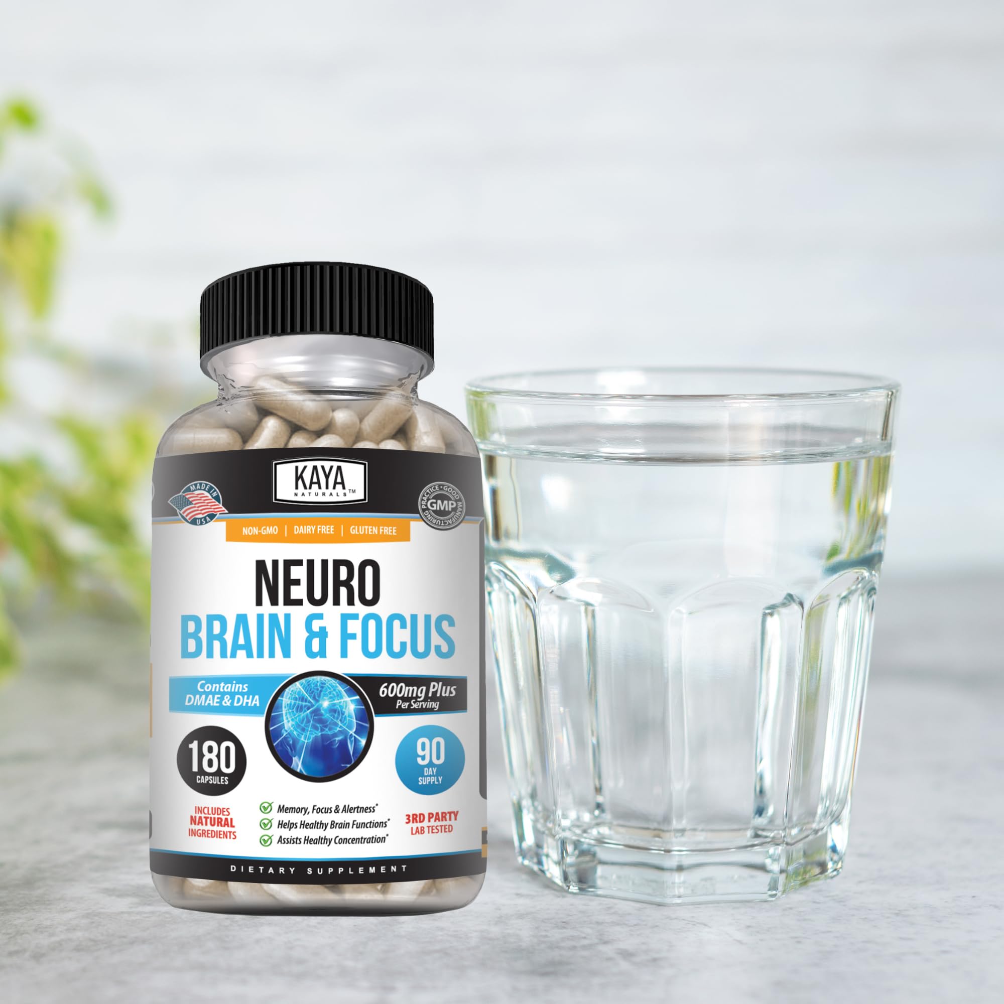 Kaya Naturals Neuro Brain & Focus supplement on a wooden table