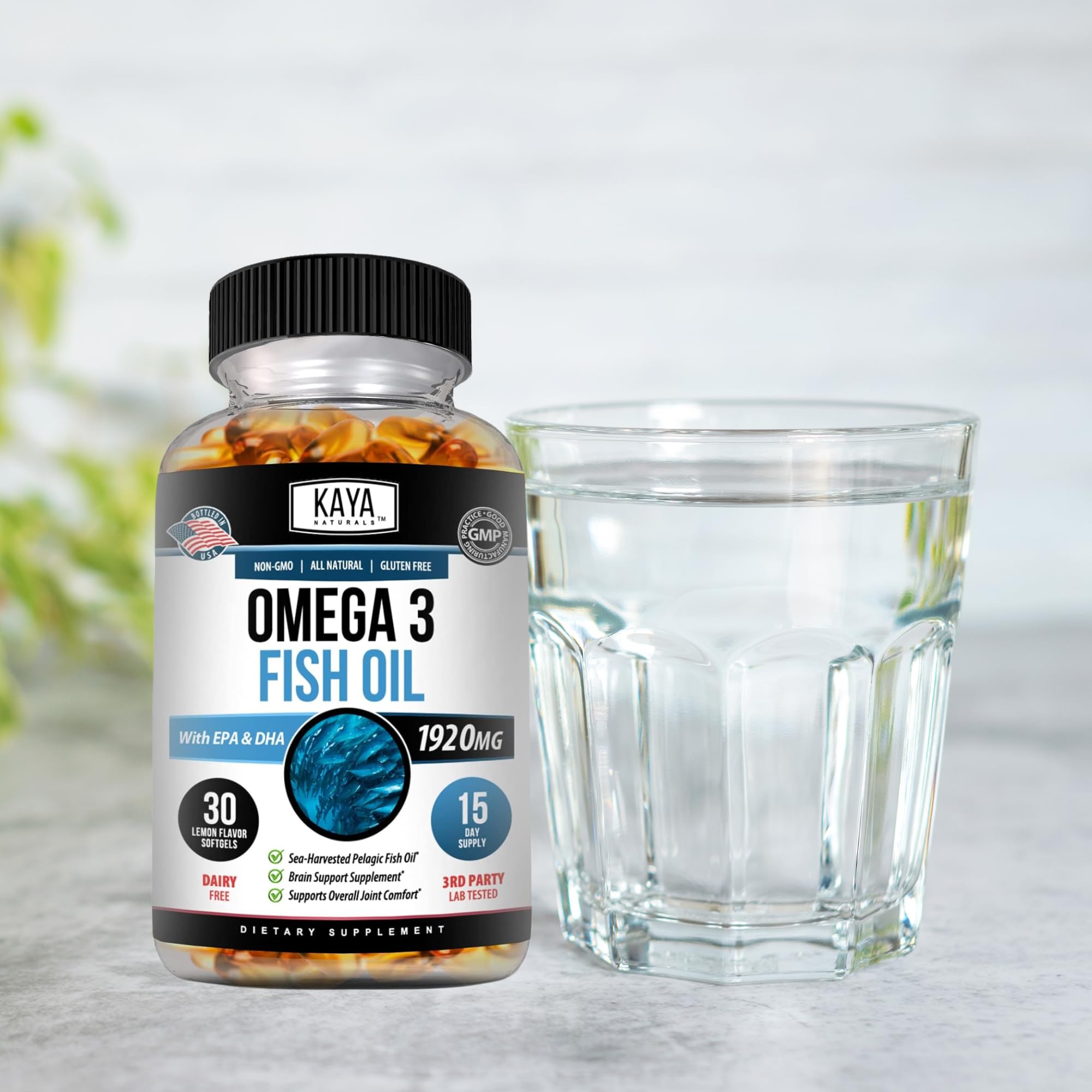 Kaya Naturals Omega 3 Fish Oil Supplement 1920mg bottle on a table