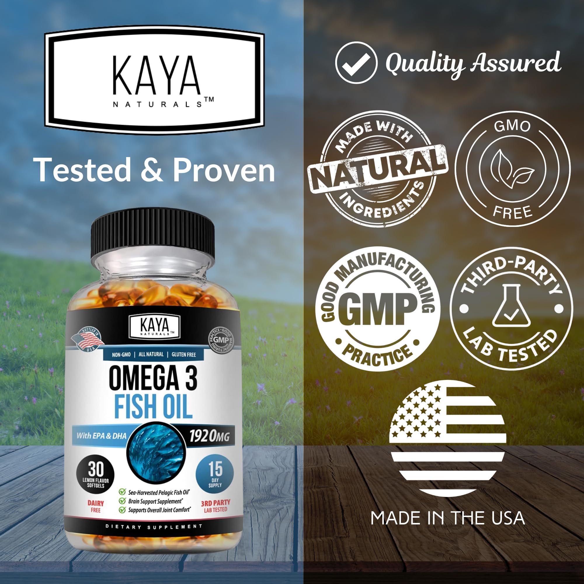Kaya Naturals Omega 3 Fish Oil Supplement 1920mg capsule close-up