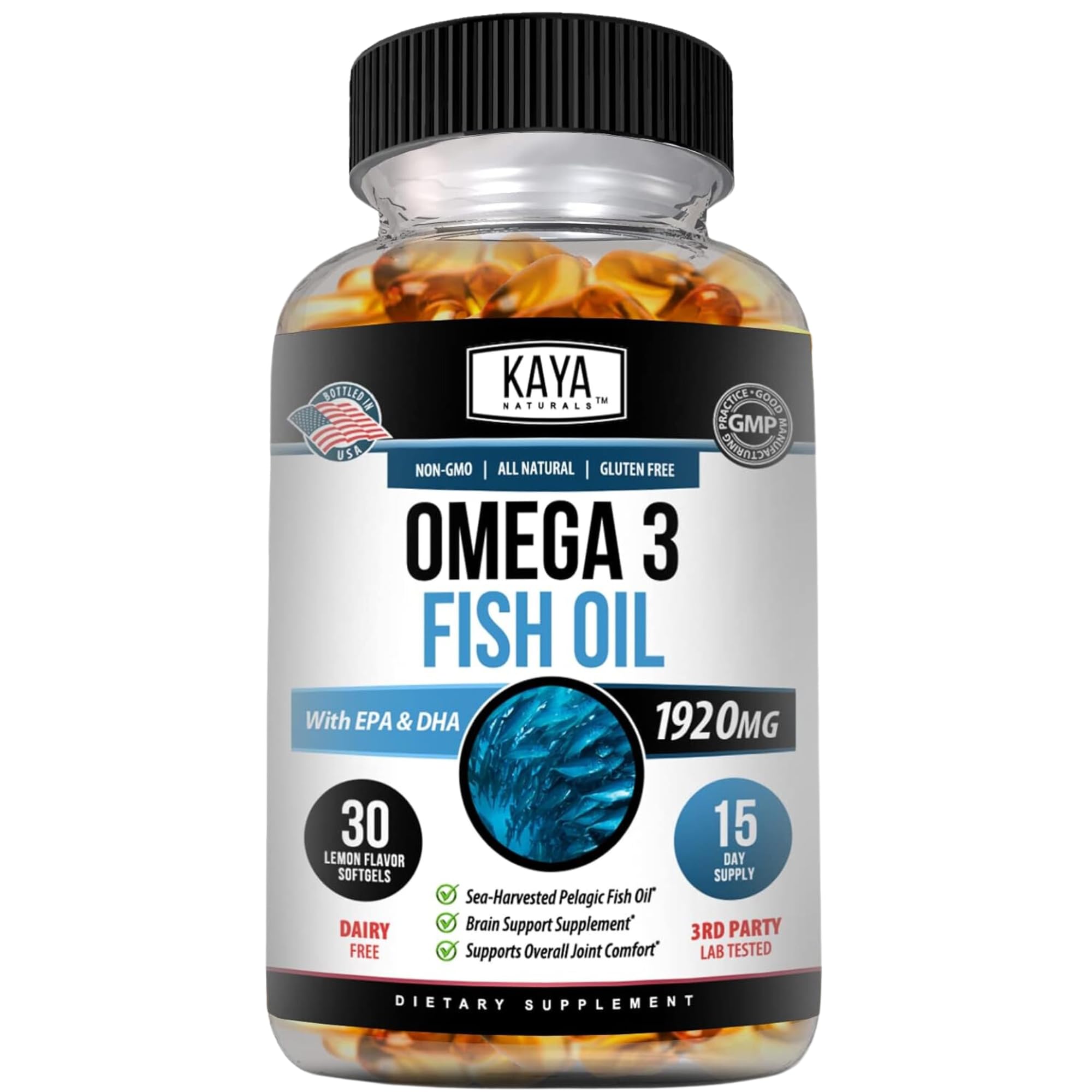 Kaya Naturals Omega 3 Fish Oil Supplement 1920mg front view