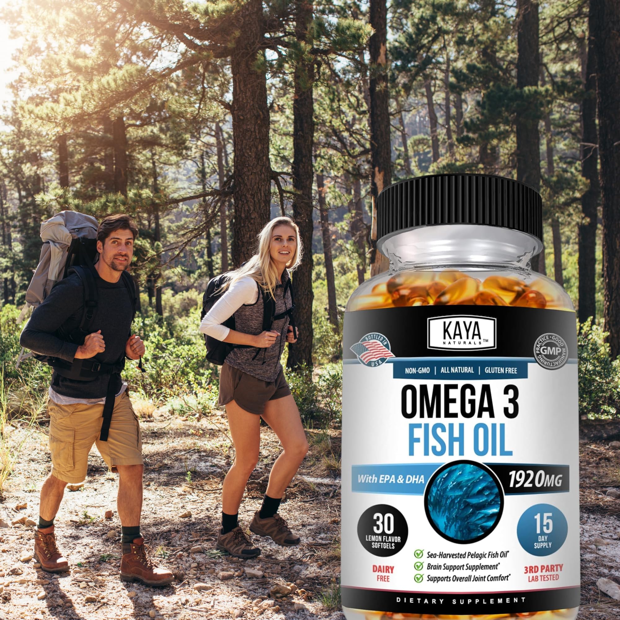 Kaya Naturals Omega 3 Fish Oil Supplement 1920mg with measuring spoon