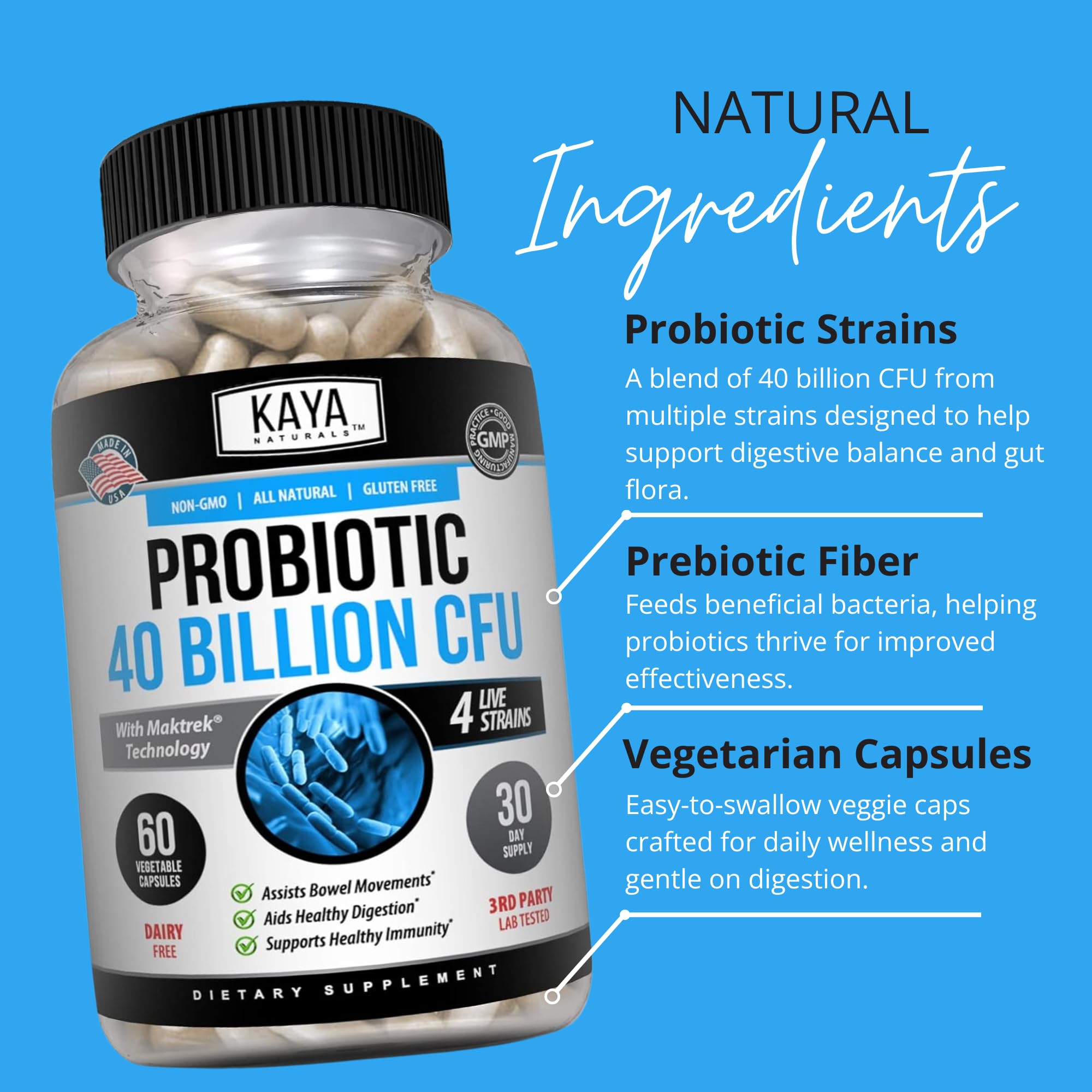 Kaya Naturals Probiotic Supplement 40 Billion CFU capsules on a wooden table