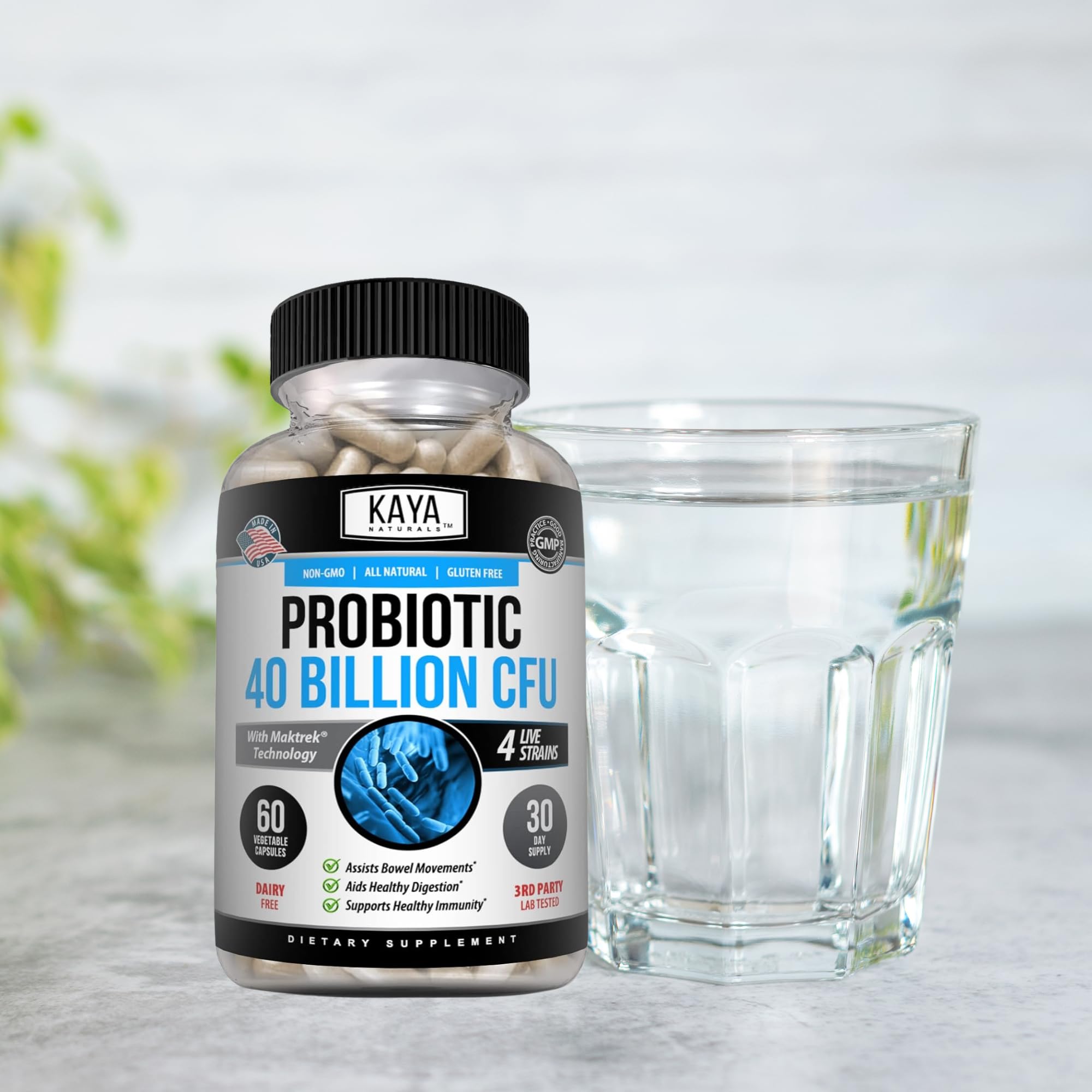 Kaya Naturals Probiotic Supplement 40 Billion CFU capsules with a measuring spoon