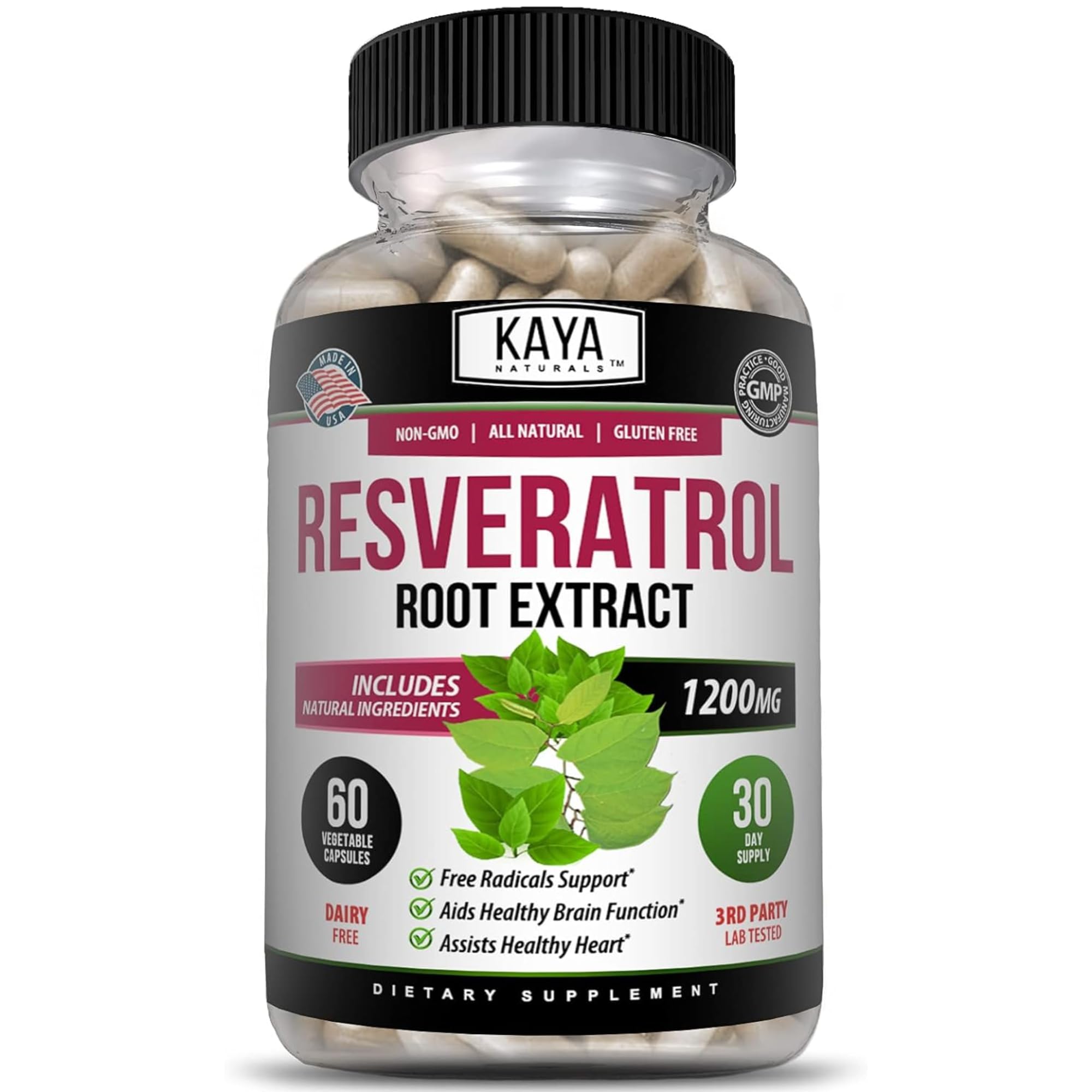 Kaya Naturals Resveratrol Capsules bottle front view