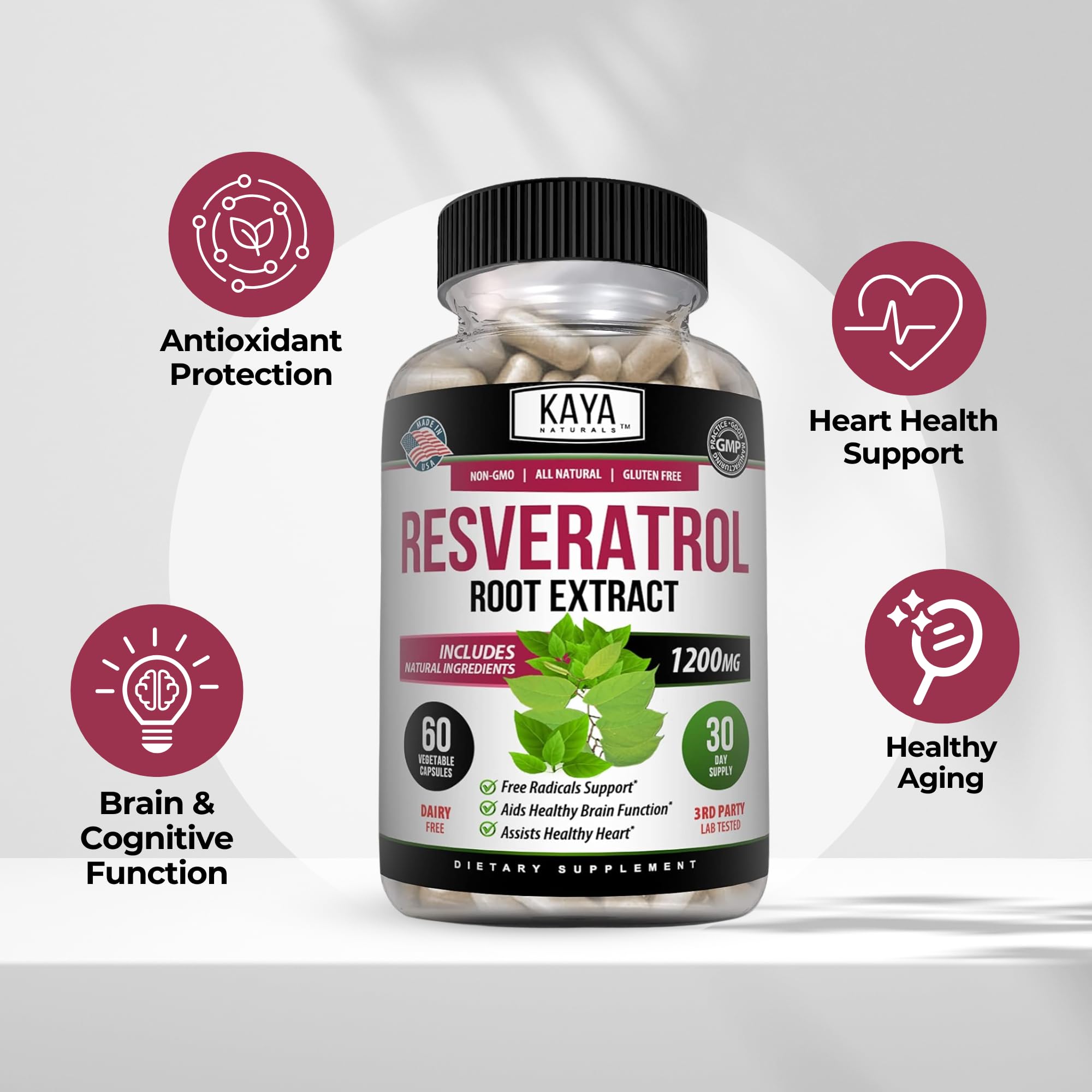 Kaya Naturals Resveratrol Capsules on a wooden table
