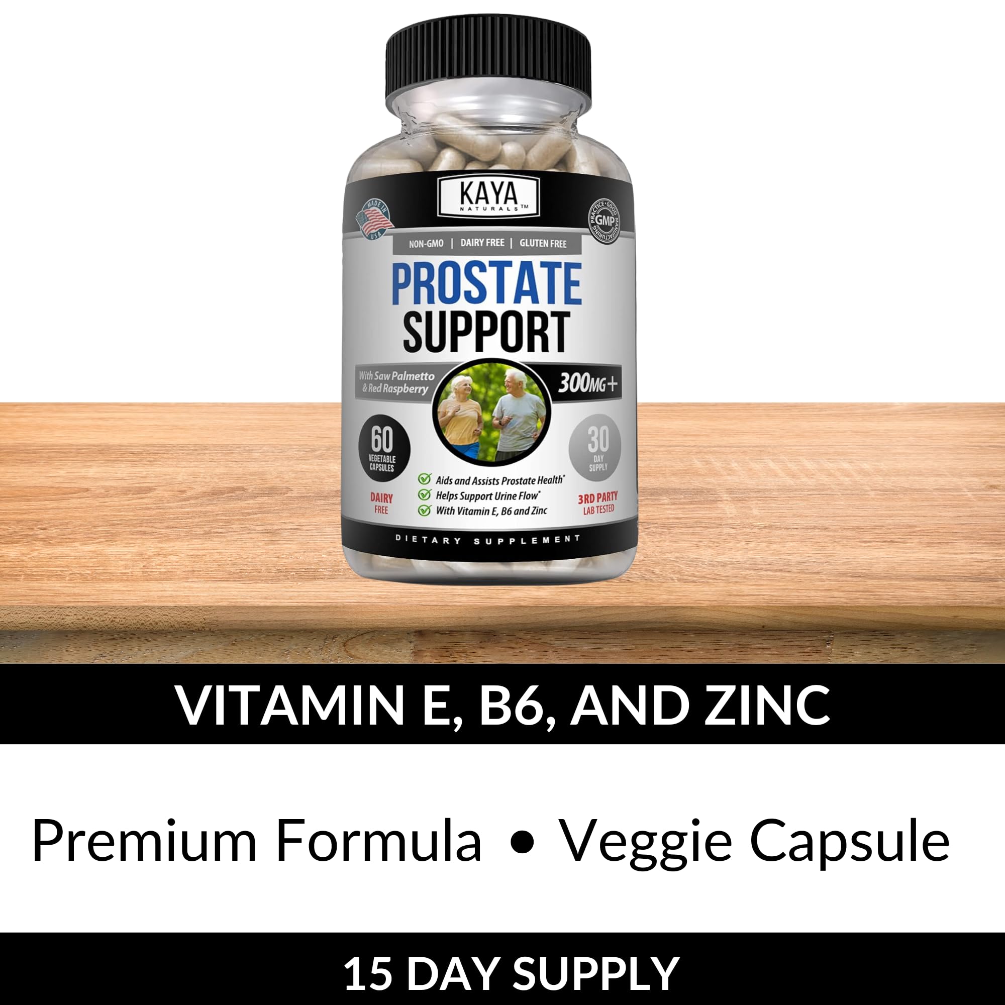 Kaya Naturals Saw Palmetto Capsules on a wooden table