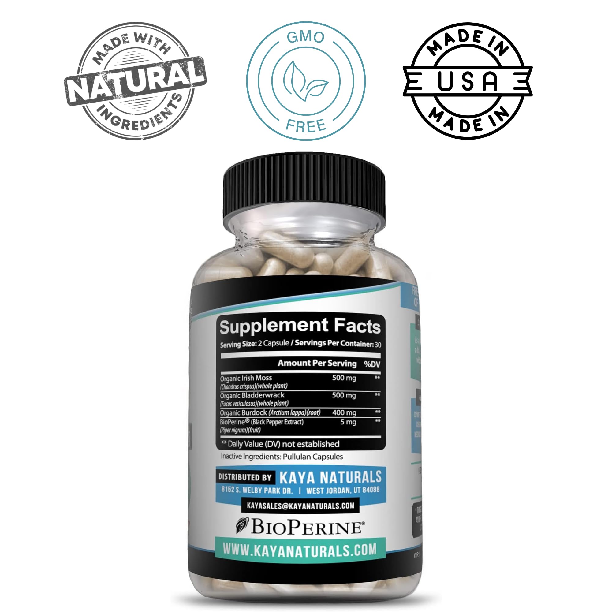 Kaya Naturals Sea Moss Supplement back view with ingredient list
