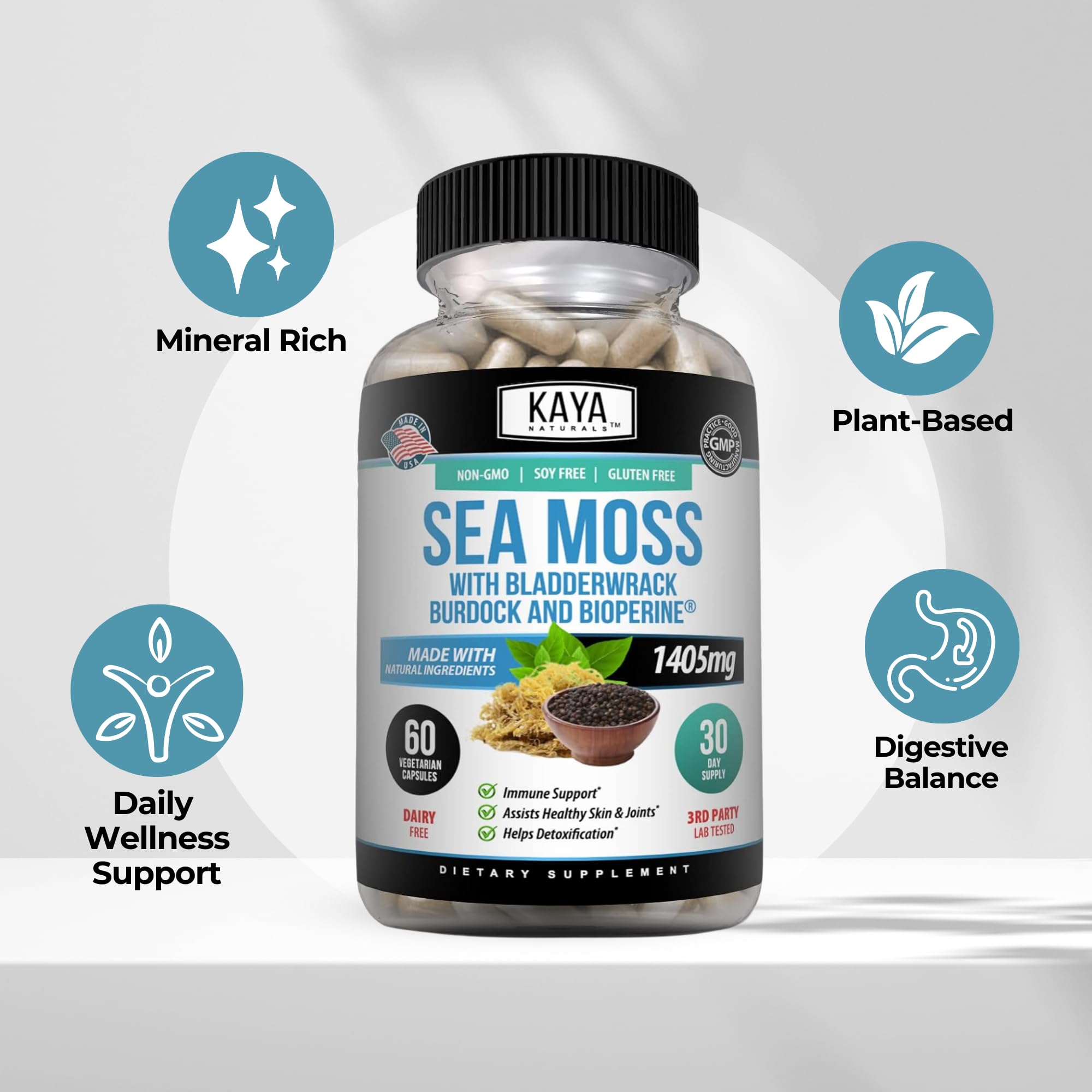 Kaya Naturals Sea Moss Supplement capsules on a wooden table