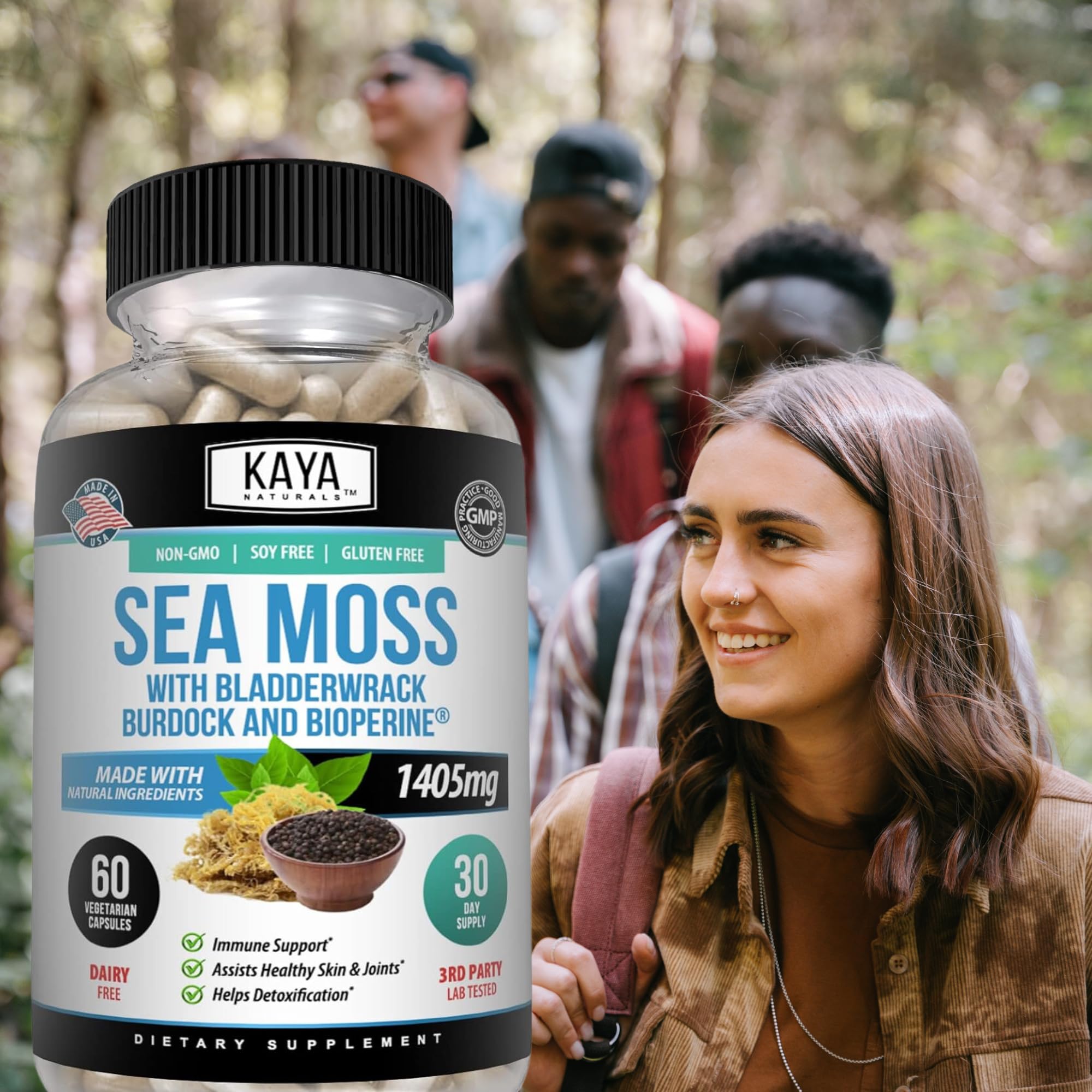 Kaya Naturals Sea Moss Supplement capsules with a glass of water