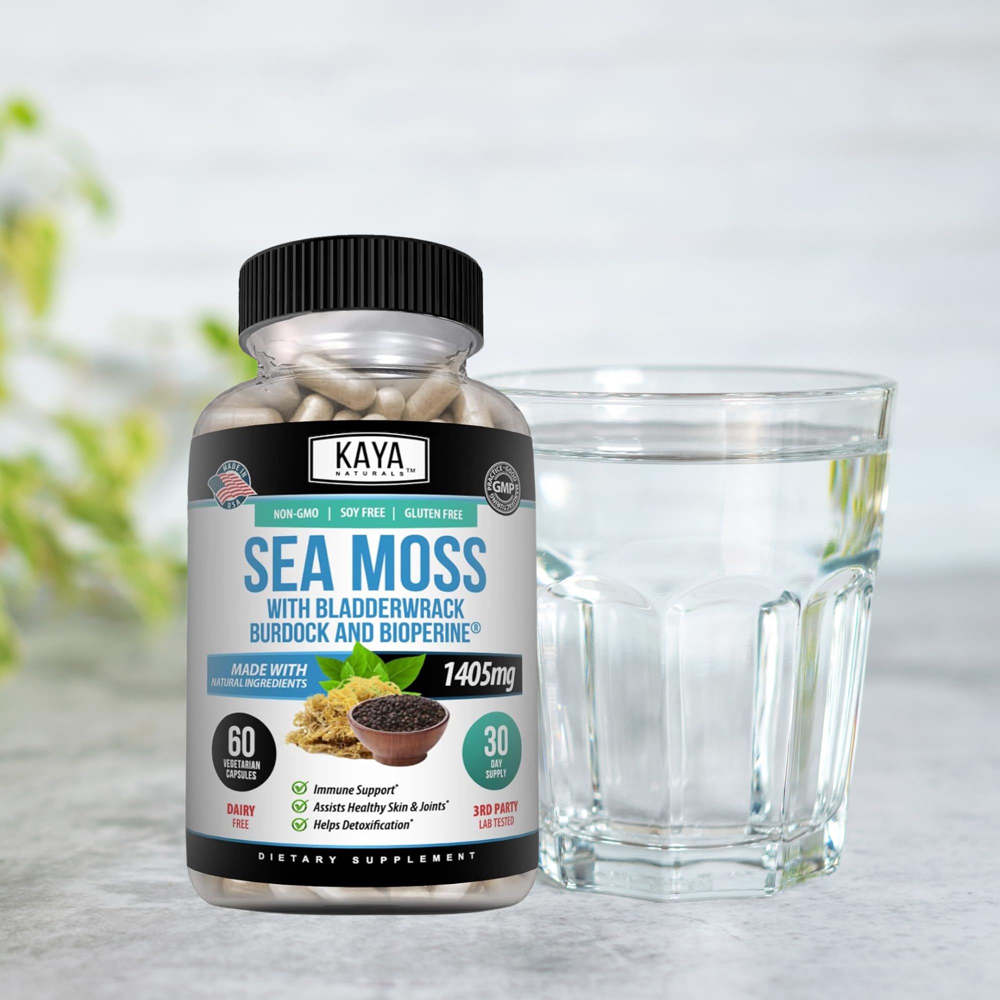 Kaya Naturals Sea Moss Supplement displayed with natural elements