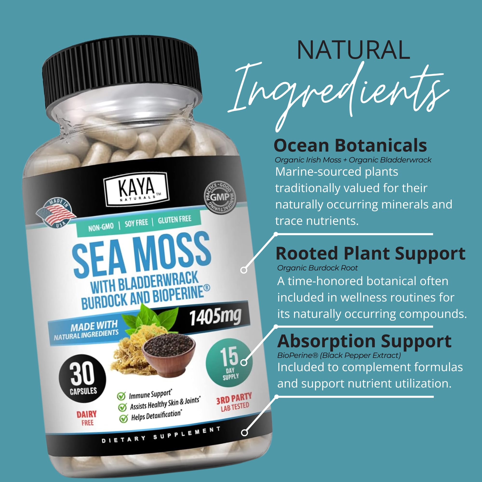 Kaya Naturals Sea Moss supplement in a lifestyle setting