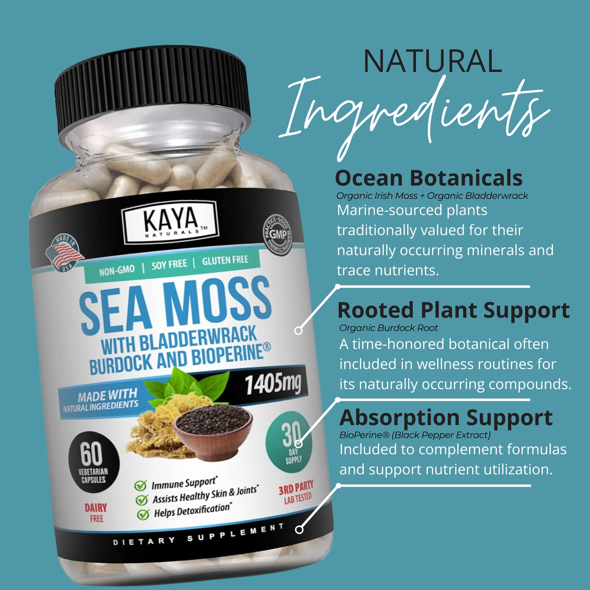 Kaya Naturals Sea Moss Supplement in hand for size reference