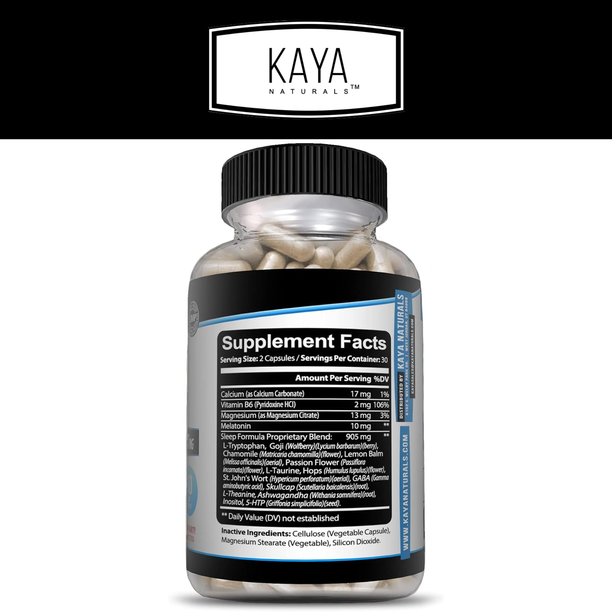 Kaya Naturals Sleep Formula 59g back view with ingredients