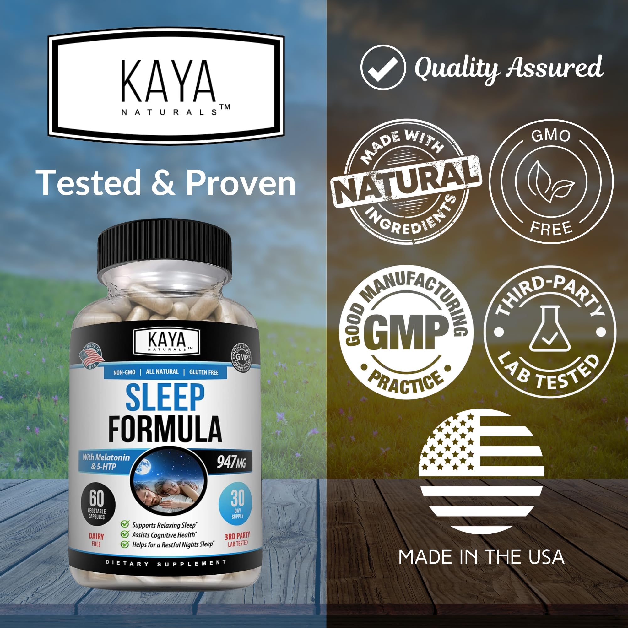 Kaya Naturals Sleep Formula 59g packaging on a wooden surface