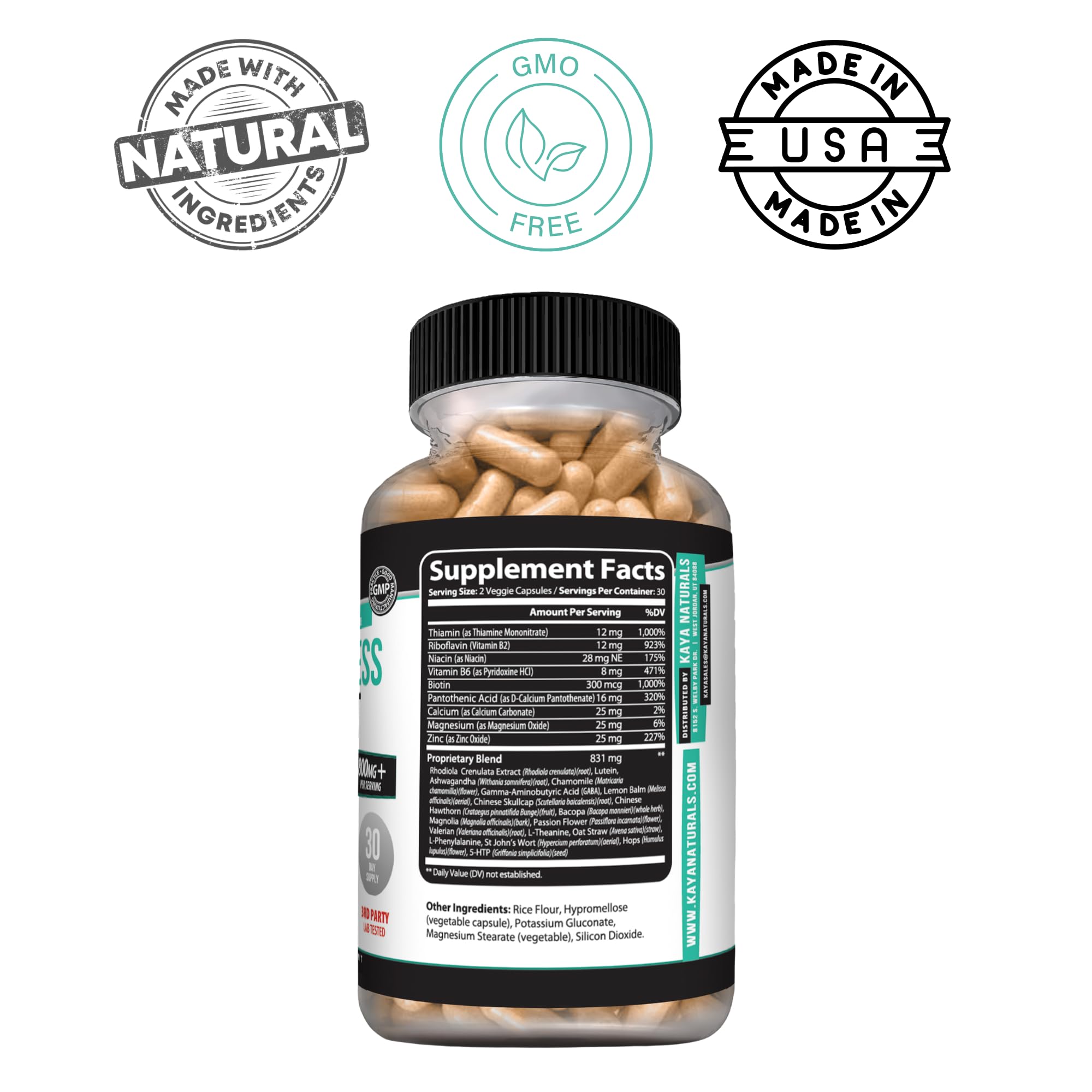 Kaya Naturals Stress Support Supplement back view