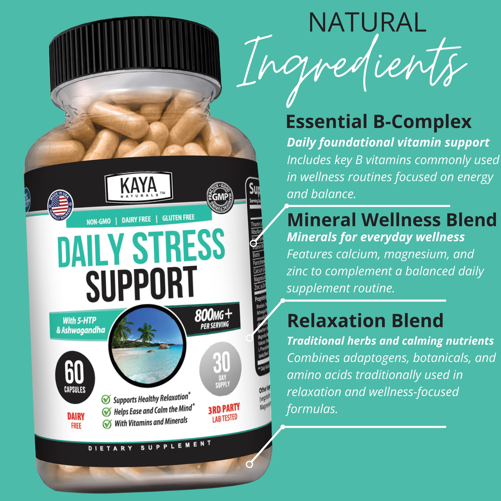 Kaya Naturals Stress Support Supplement bottle with capsules