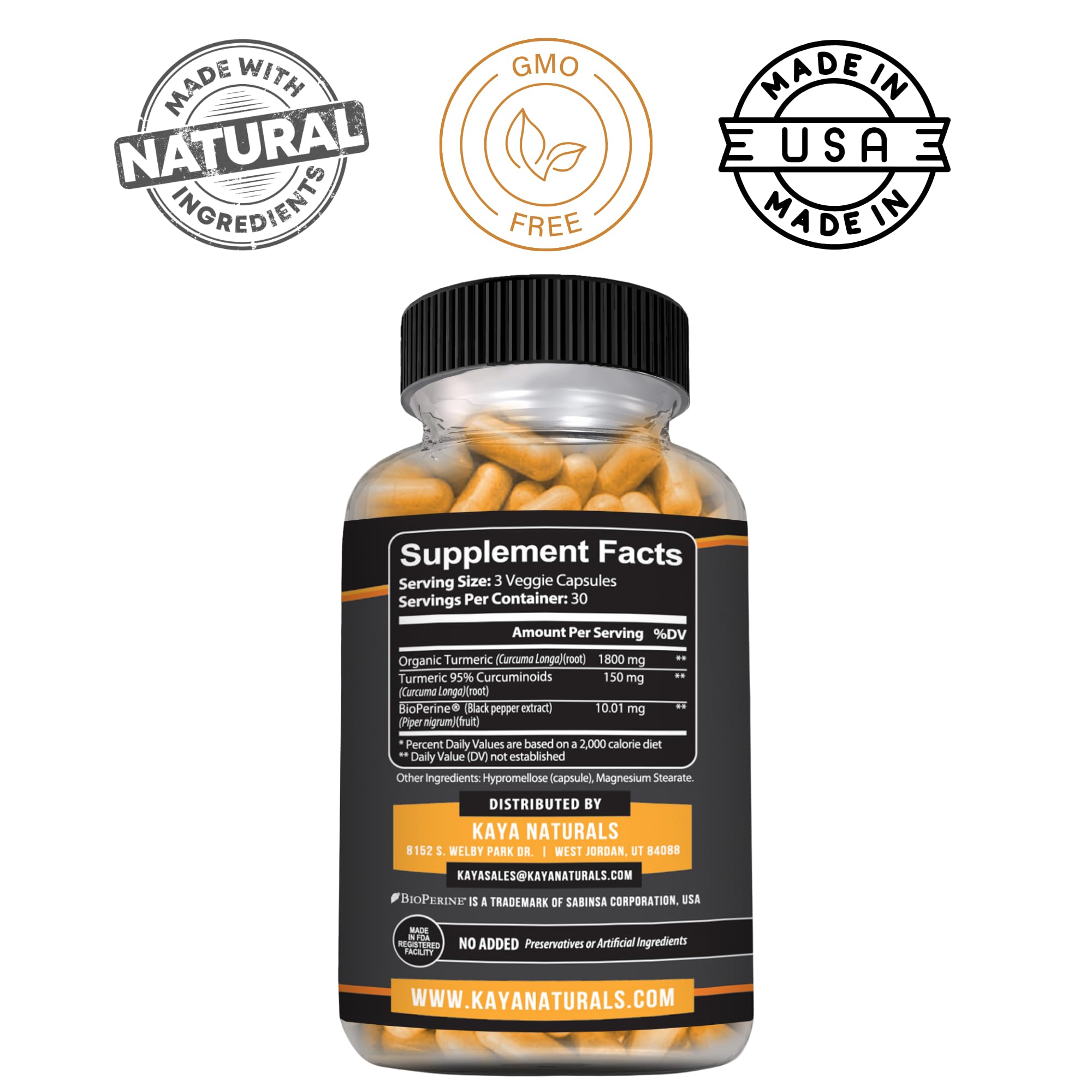 Kaya Naturals Turmeric Platinum bottle side view