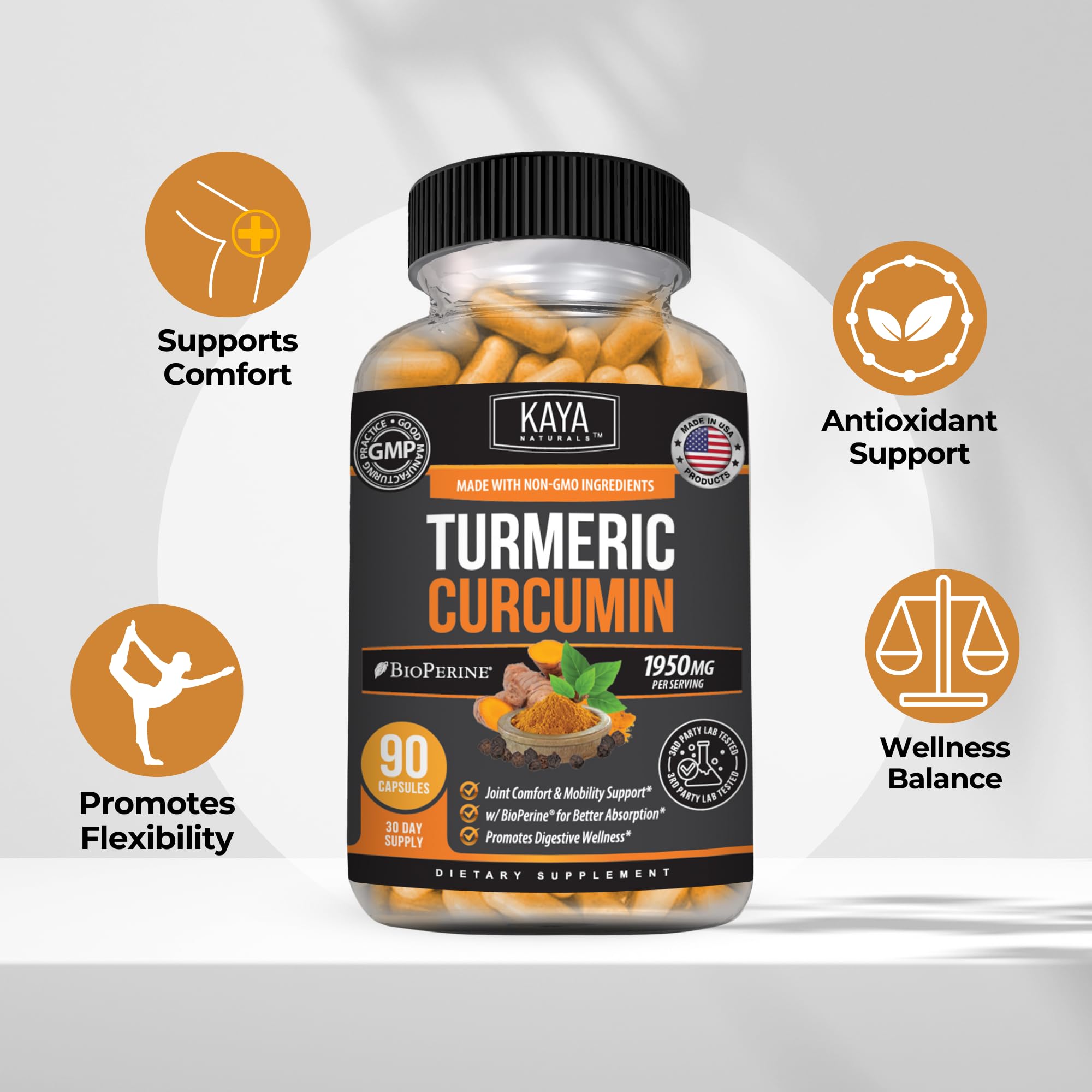 Kaya Naturals Turmeric Platinum capsules on a wooden table