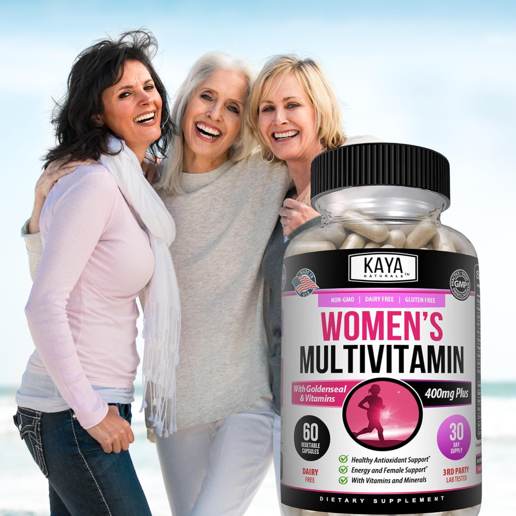 Kaya Naturals Women's Multivitamin displayed with healthy foods