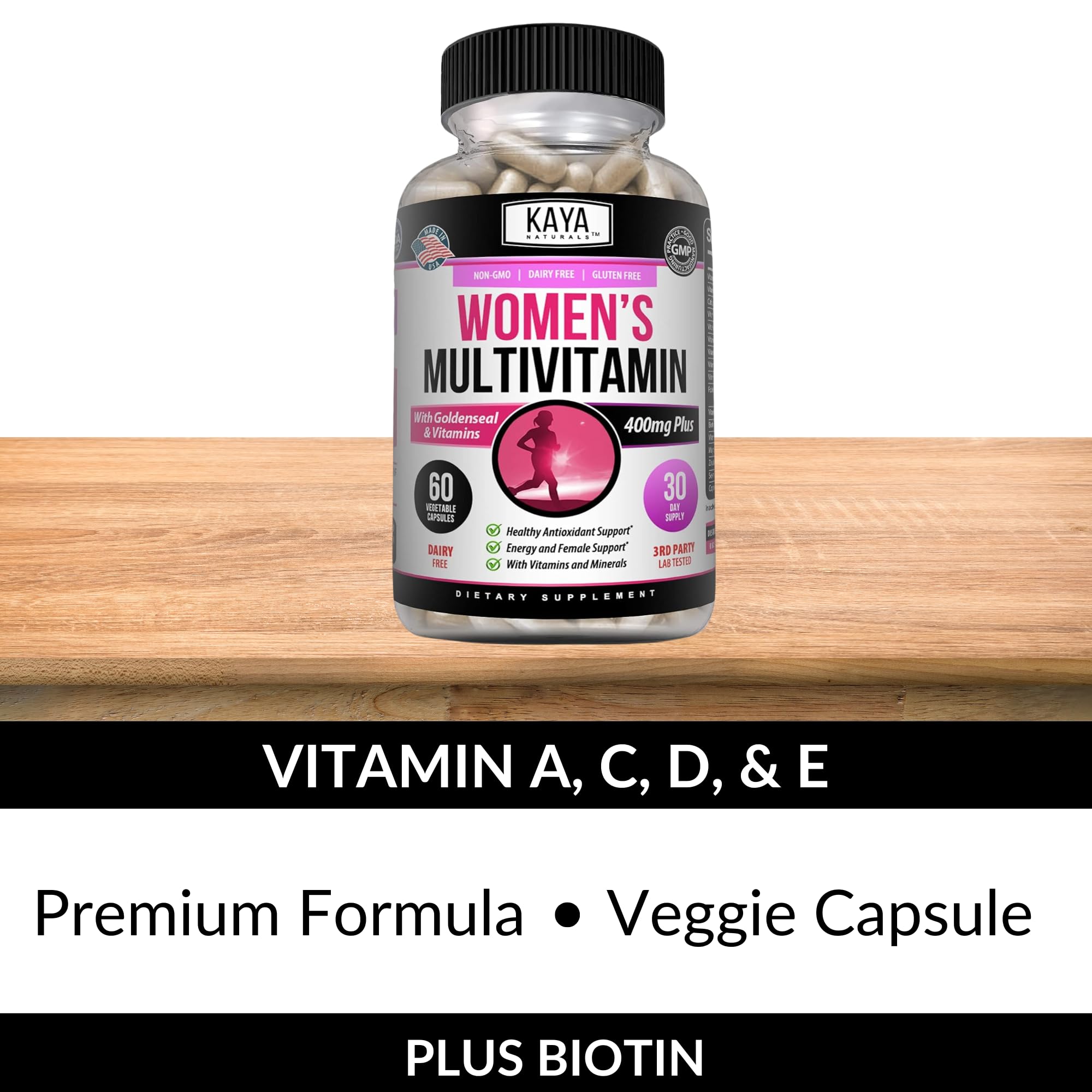 Kaya Naturals Women's Multivitamin on a wooden table