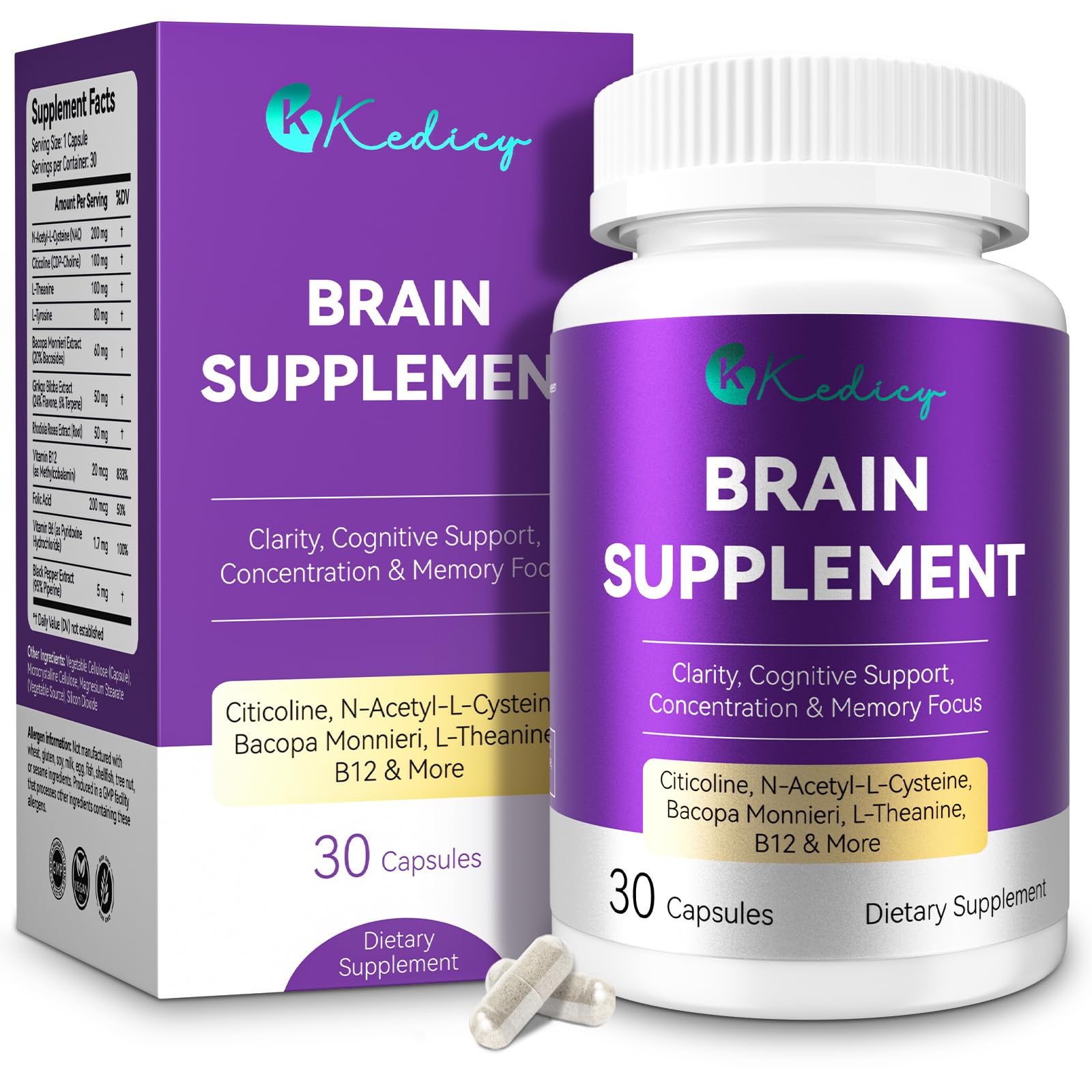 Kedicy Memory and Focus Supplements 30 Capsules front view