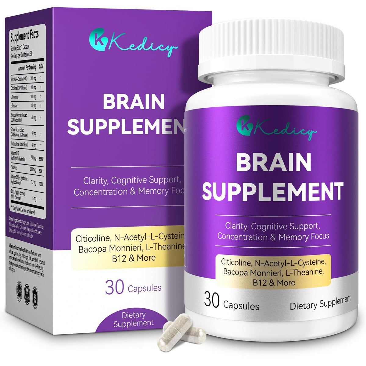 Kedicy Memory and Focus Supplements 30 Capsules front view