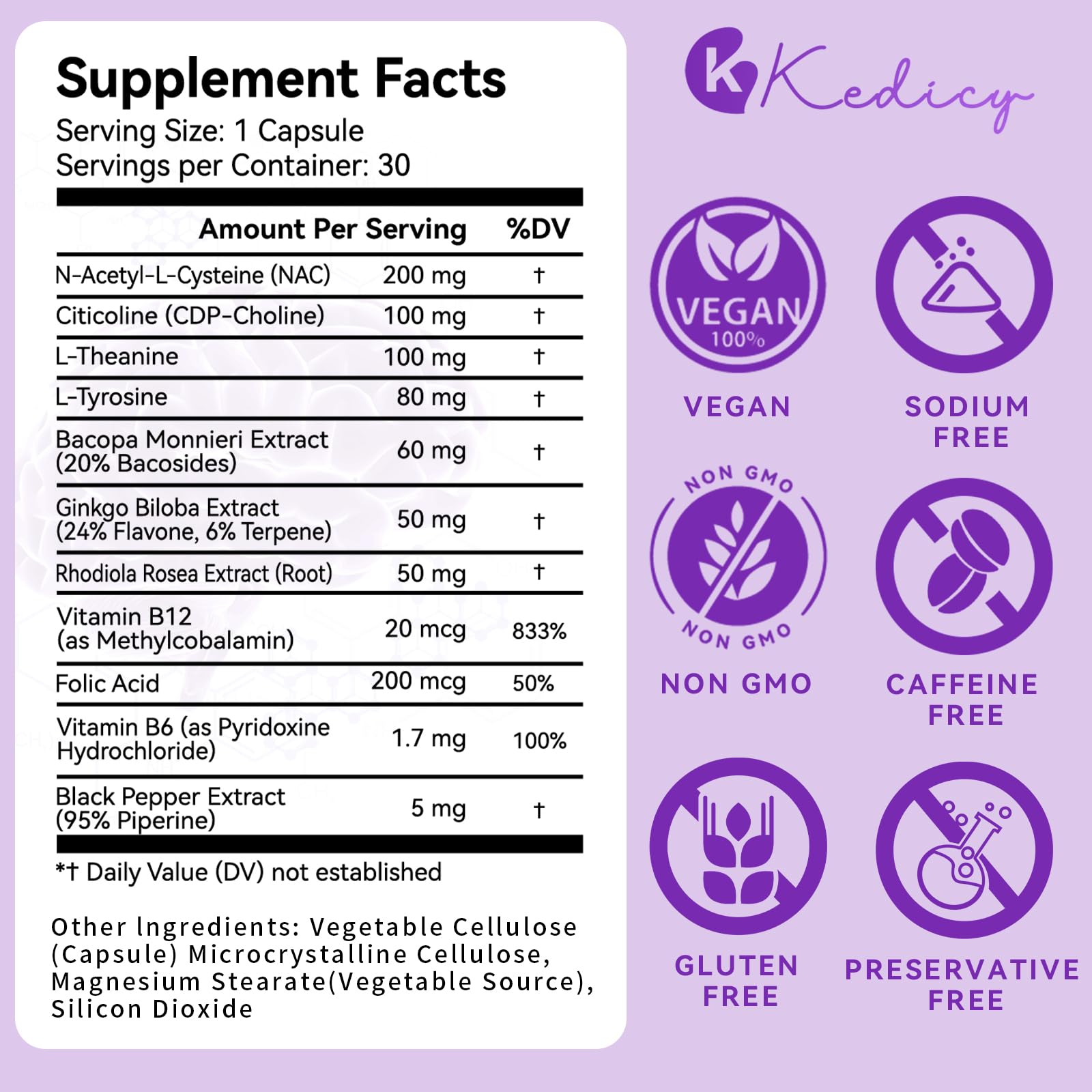 Kedicy Memory and Focus Supplements bottle with label